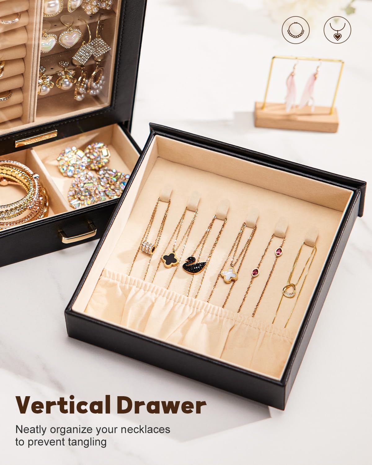Homde Mothers Day Gifts Jewelry Organizer Girls Women Jewelry Box for Necklaces Rings Earrings Gift Bracelets Storage Case (Black + Gold)