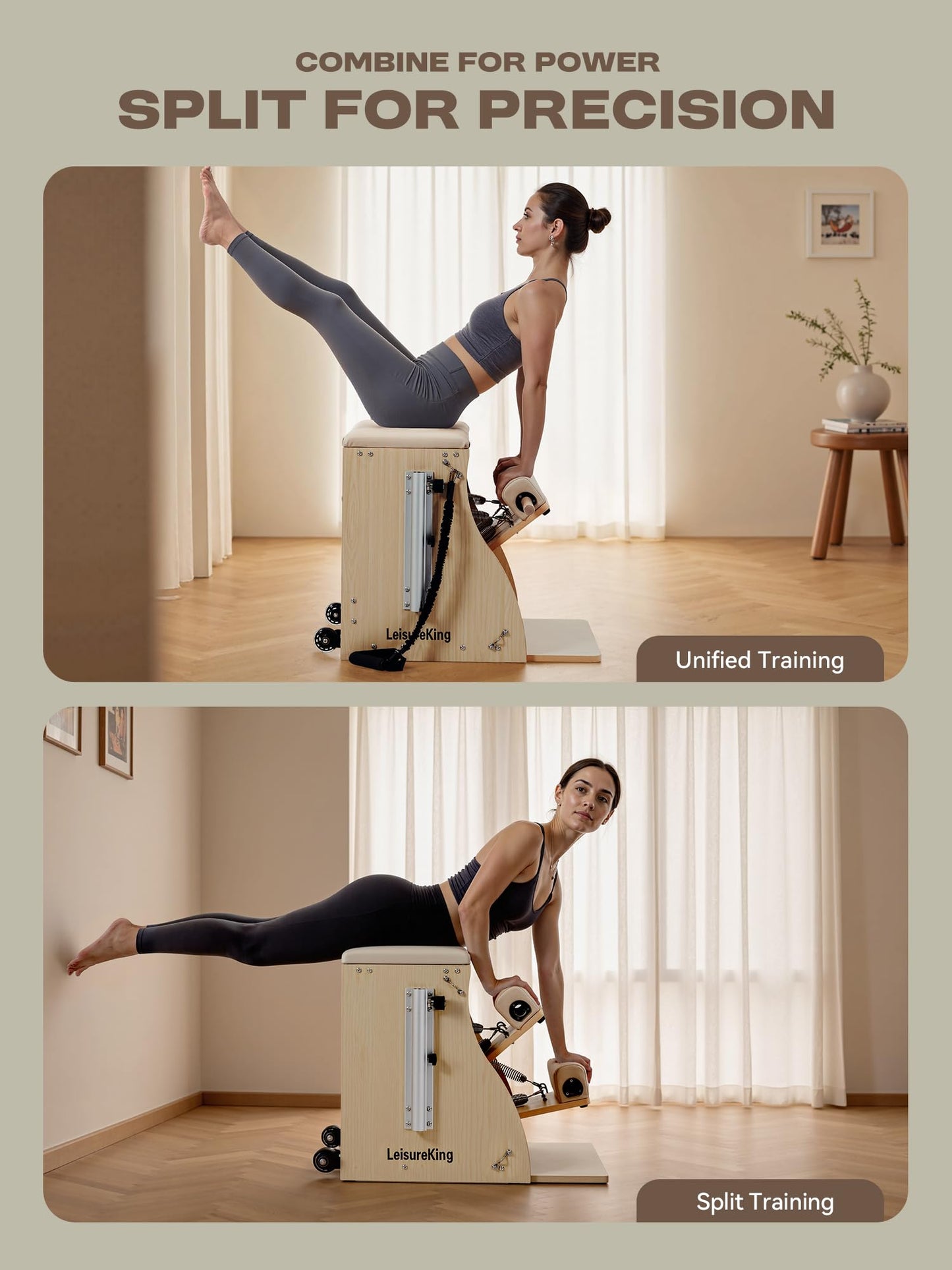 LeisureKing Pilates Combo Chair for Home Workouts, Wunda Chair with 5-Level Handles, Split Pedals, Resistance Bands, for Studio, Gym, Pilates Workout, Rehabilitation Exercises, Easy Assembly, Beige