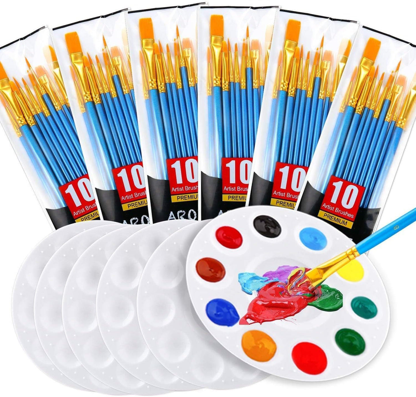 Painting Brush Palette Set, with 6 Packs of 60 Brushes and 6 Palettes,Nylon Brush Head, Suitable for Oil Watercolor, etc., Perfect Art Painting Set.