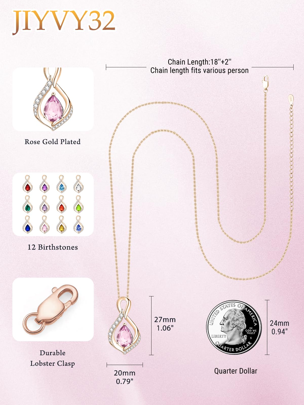 JIYVY32 Pink Tourmaline Infinity Necklace for Women October Birthstone Necklaces Rose Gold Plating Anniversary Birthday Gifts for Wife Her Mom Girlfriend Birthstone Jewelry Gifts for Women
