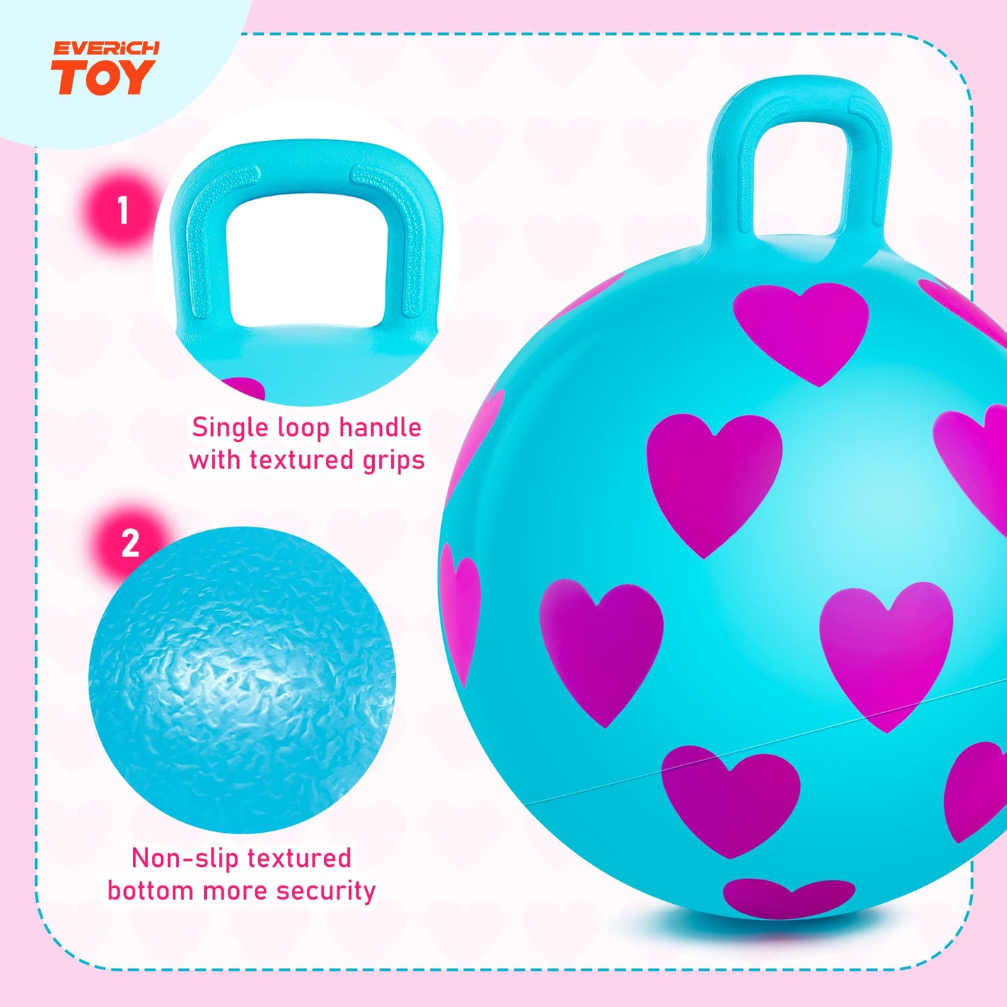 EVERICH TOY 2-Pack Hopper Ball for Kids, 15In Bouncy Ball with Handle, Full Heart Girls Toys for Indoor Outdoor Active Play, Great Balance Hopping Toys Gifts for 3 4 5 6 Yr Old Girls Boys