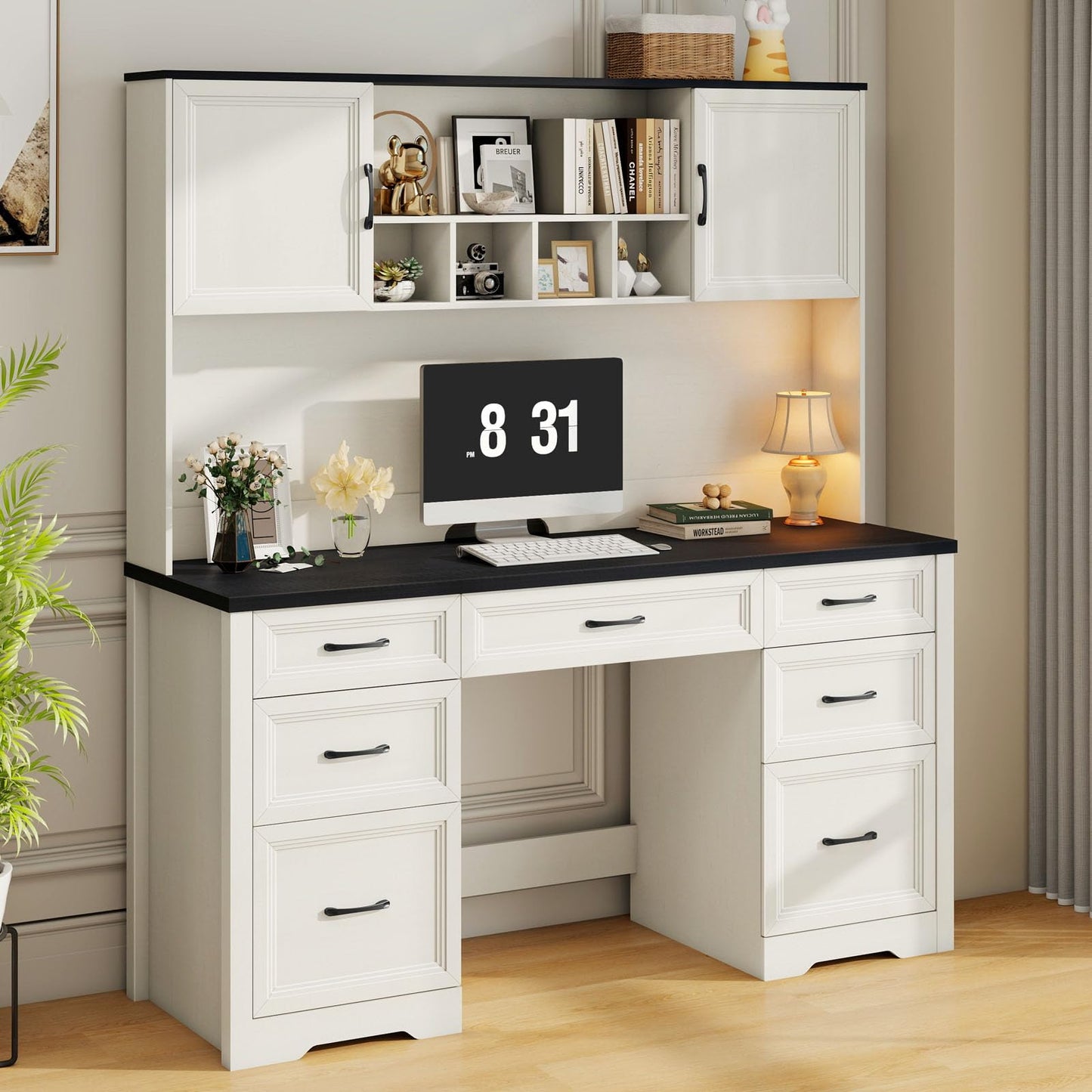 Vabches Farmhouse Executive Desk with 7 Drawers and Storage Cabinet, Rustic Large Home Writing Desk with Hutch, Workstation for Bedroom, Black