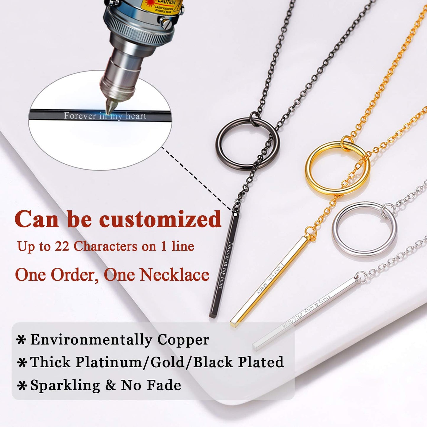FOCALOOK Long Black Necklaces for Women Custom Engraved Personalized Drop Bar Pendant Larait Y Necklace