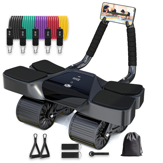 Ab Roller Home Gym Equipment – 4 Wheels Ab Wheel Muscle Roller, 5Pcs Resistance Bands, Ankle Straps, Door Anchor, Handles, Travel Bag– Comfortable Elbow Support with Non-Slip Handles