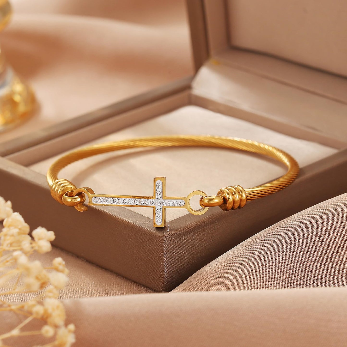 DS Religious Gift for Her Christian Cross Bracelet Bible Verse God is Within Her She Will Not Fall Inspirational Bracelets For Women Stainless Steel Jewelry Gift To Daughter Best Friend (Cross bracelet-Gold 8)