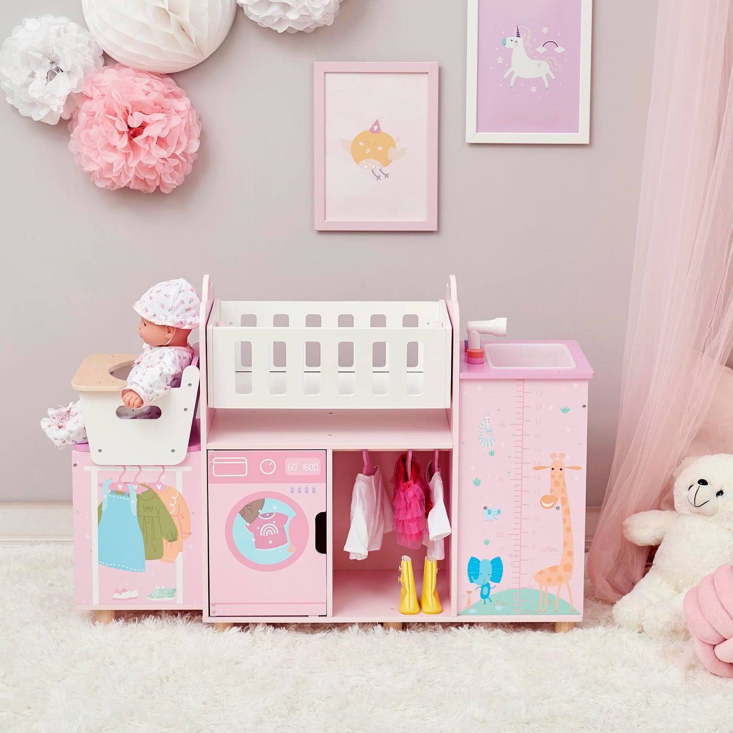 Olivia's Little World 6-in-1 Wooden Baby Doll Nursery Set – Crib, High Chair, Changing Table, Doll Furniture for 16” Dolls – Baby Doll Accessories Playset for Girls Ages 3+, Pink