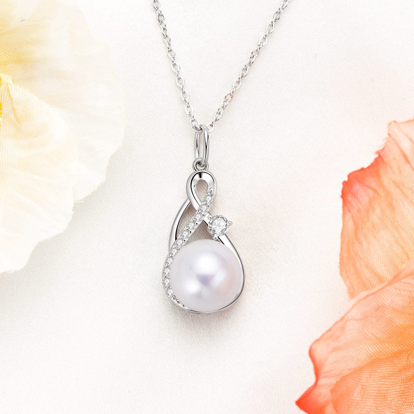DENGGUANG Freshwater Pearl Pendant Necklace for Women, Infinity Single Pearl Necklace with Moissanite, 925 Sterling Silver Adjustable Chain, Mothers Day Gifts for Mom