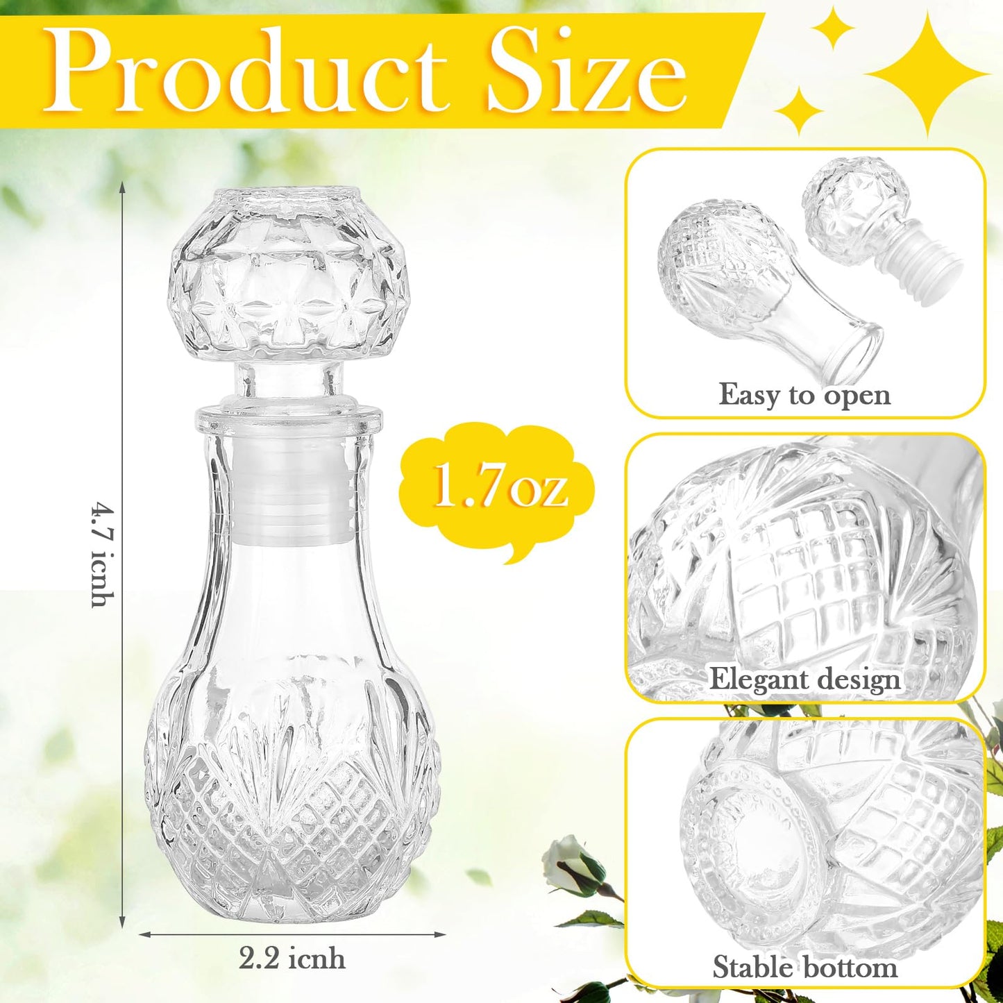 Chuangdi 24 Pcs Mini Glass Wine Bottles 1.7oz Glass Tequila Bottles with Stopper Decorative Tequila Bottle for Whiskey Vanilla Extract Champagne Wedding Baby Shower Party Favors(Round Style)