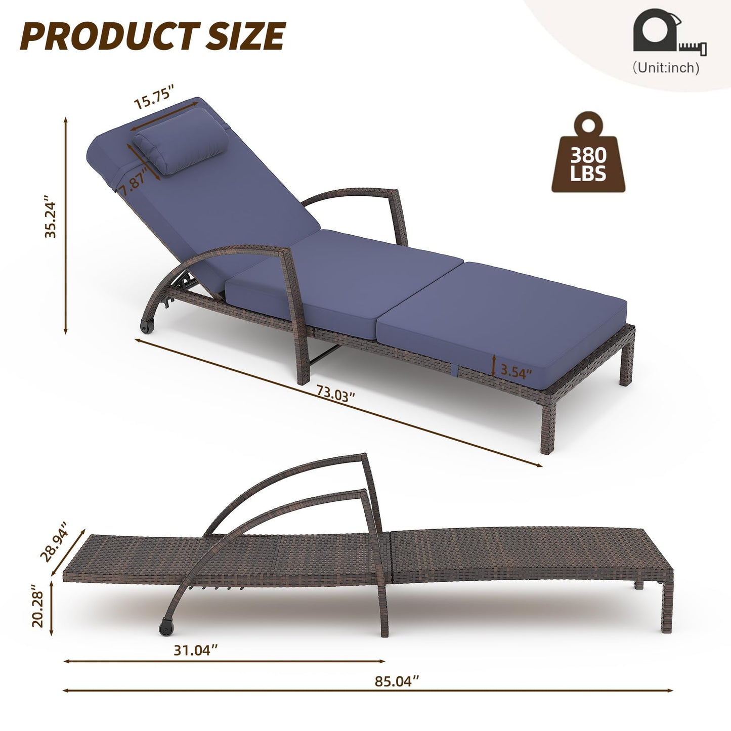 Set of 2 Chaise Lounge Chairs Outdoor, PE Rattan Wicker Poolside Recliners with 5-Position Adjustable Backrest, Blue Cushions, Armrests and Wheels, Patio and Garden Furniture for Beach and Backyard