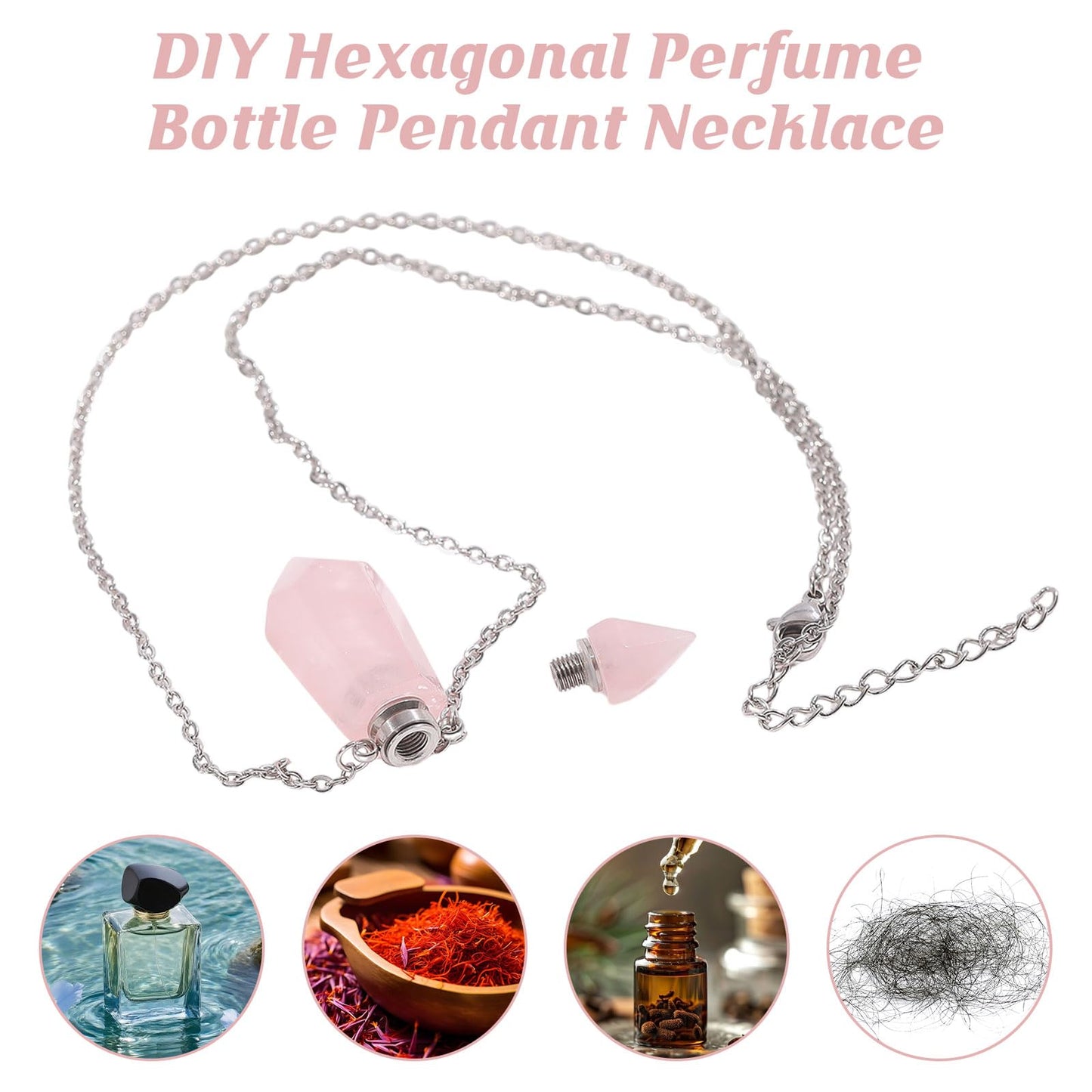 CONCHLERY Perfume Bottle Necklace Natural Stone Essential Oil Diffuser Perfume Bottle Pendant with Alloy Chain for Womens Vial Pendant Necklace Jewelry Unique Gift, Pink
