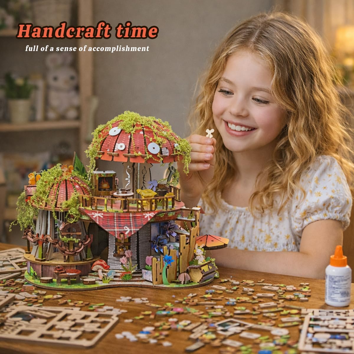 Garden Mushroom Dollhouse Book Nook Kit, DIY Miniature Wooden 3D Puzzle Dollhouse, Fantasy Bookshelf Decor Craft Building Set, Home Shelf Decoration for Adults & Teens, with String Lights Edition