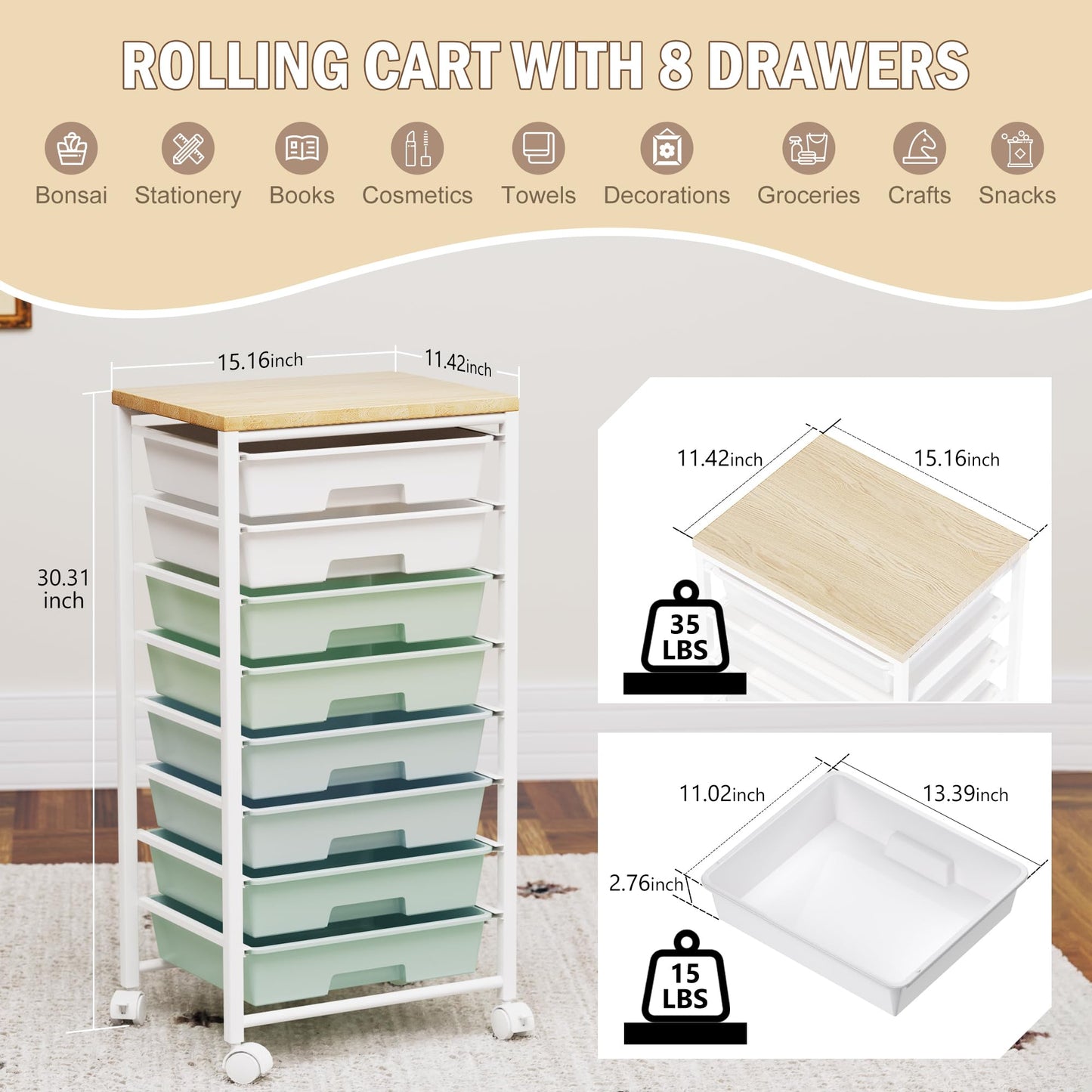 Rolling Cart with 8 Drawers, Storage Drawers Cart with Wooden Tabletop and Lockable Wheels, Craft Storage for Living Room, Office, Classroom, Craft Room, Bedroom