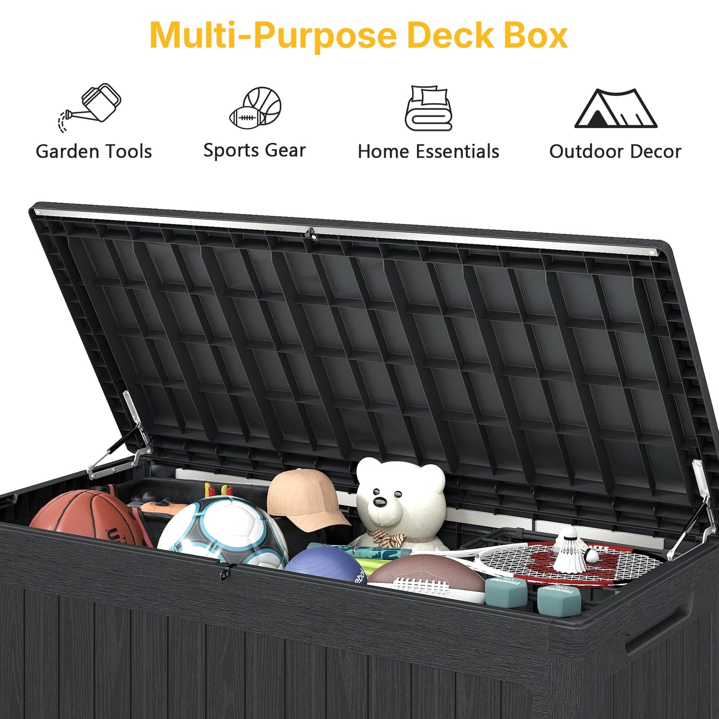 Skepphlay 260 Gallon Deck Box Lockable, Outdoor Storage Box Waterproof and UV Resistant, Large Patio Storage Box with 1000 lbs Capacity, for Garden, Patio Furniture, Pool (Black)