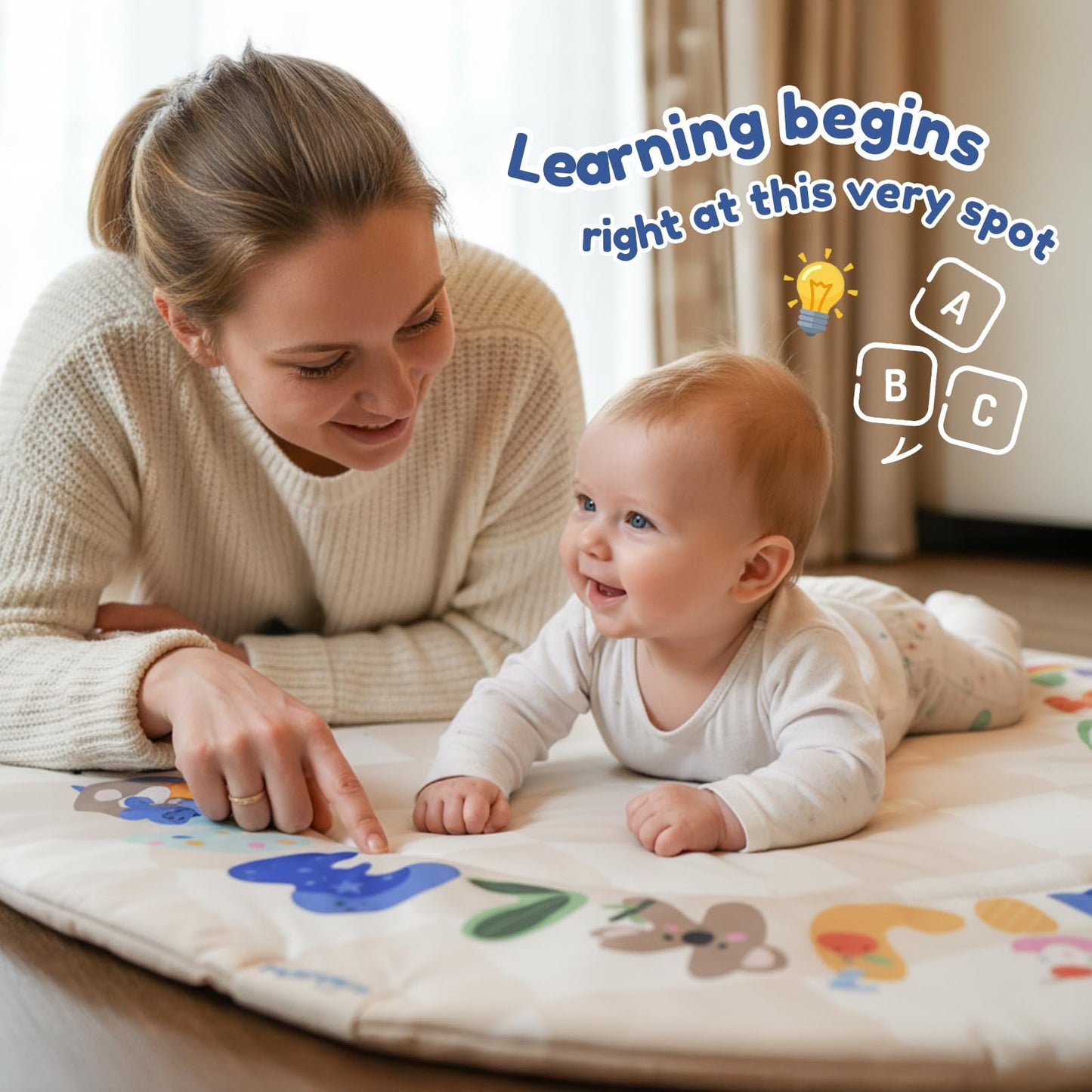 Baby Play Gym & Activity Mat with Light-up Musical Arch, Washable Tummy Time Mat with 6 Detachable Sensory Toys for Motor Skills, Baby Essentials Shower Gift - ABC123