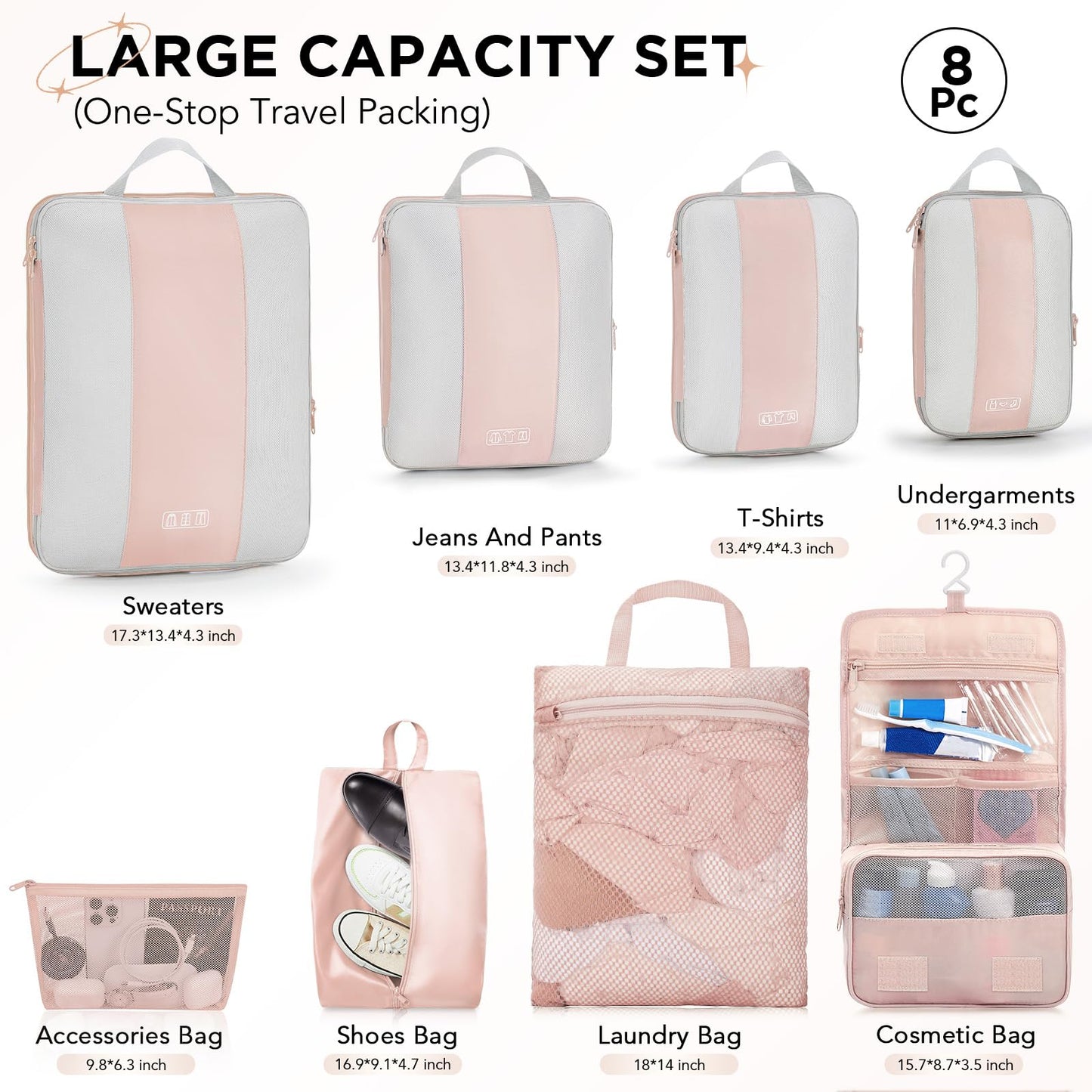 OlarHike 8 Set Compression Packing Cubes for Travel Gifts Mom Women,Luggage Clothes Organizer for Travelers,Airplane/Cruise/Car/Train Travel Essentials,Compressible Expandable Saver Space Bags(Beige)