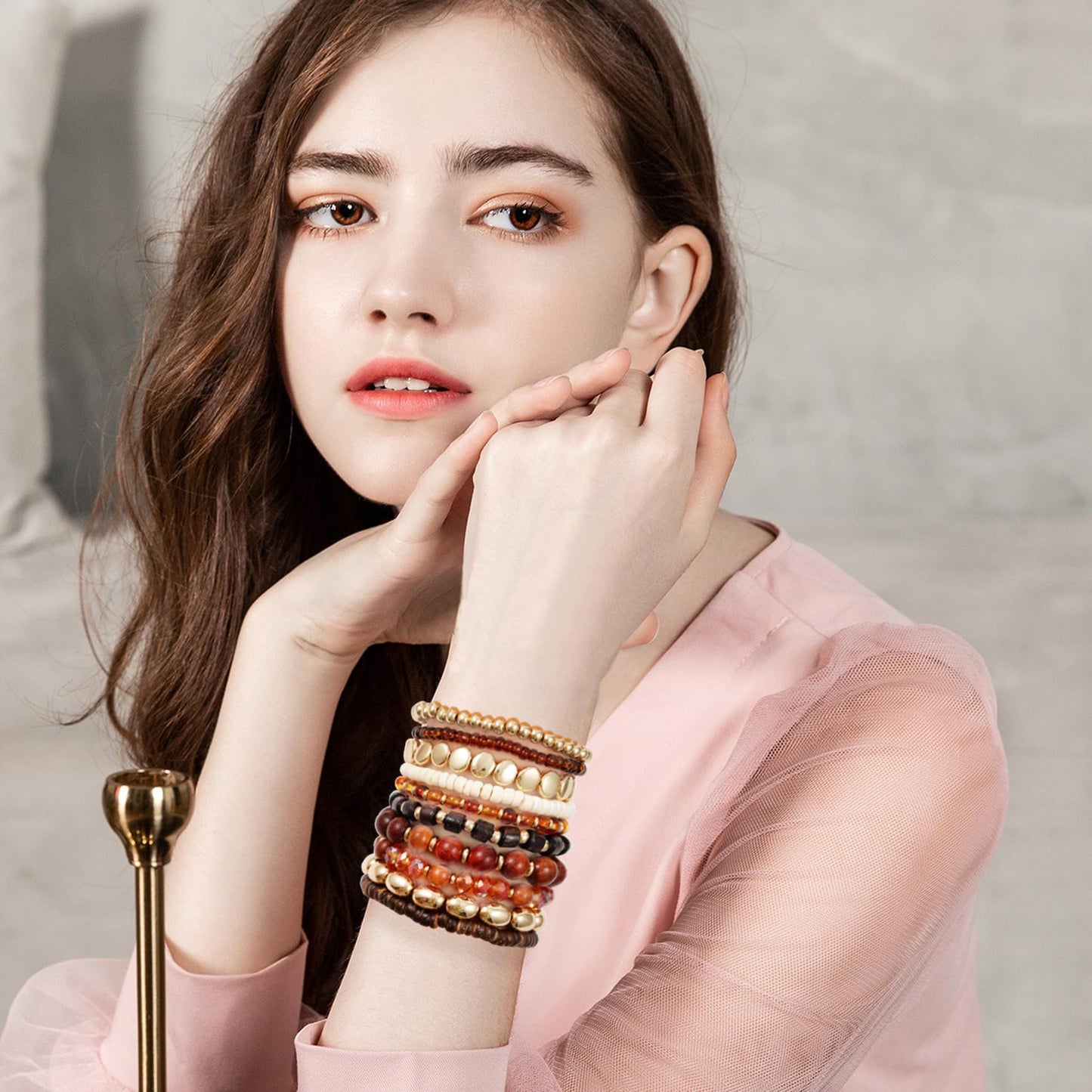 GOOJIDS Surfer Heishi Clay Bead Bracelets for Women Bohemian Stackable Gold Plated Beaded Stretch Bracelets Elastic Layering Friendship Bracelets Set Boho Jewelry