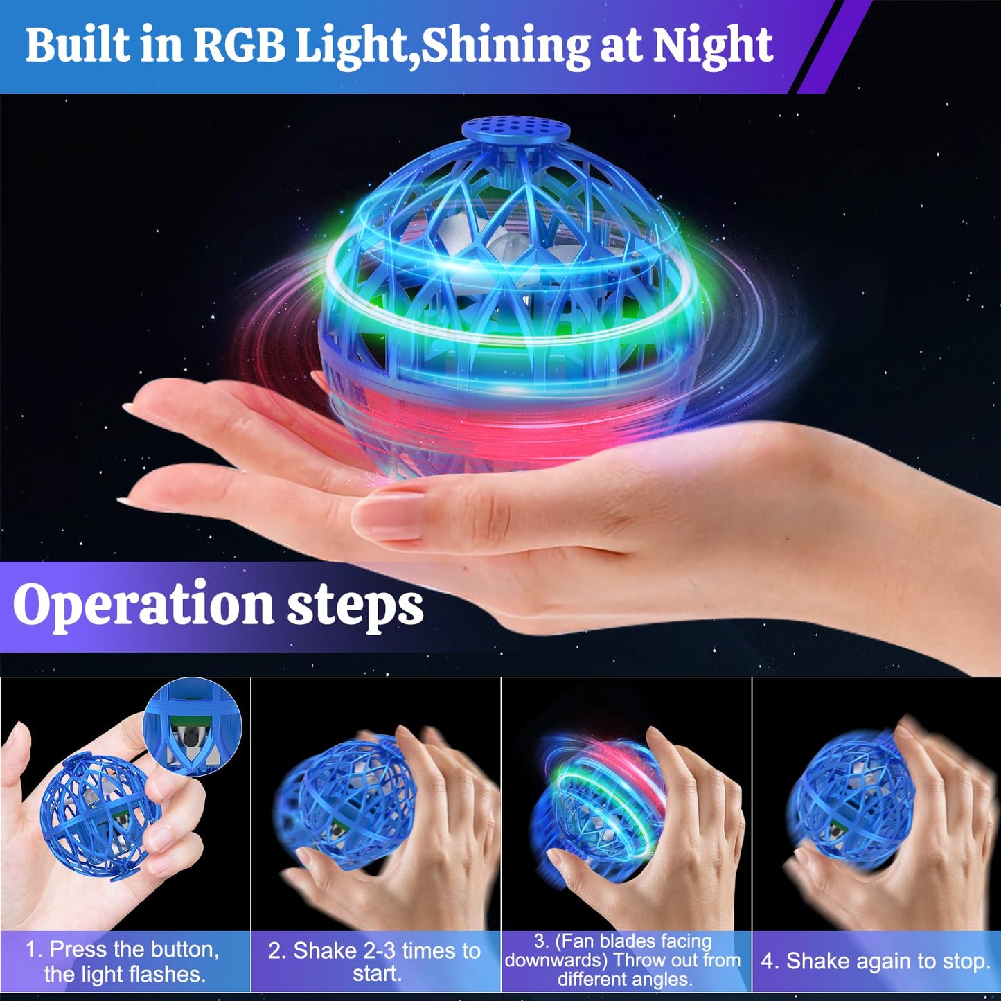 Flying Ball Toy for Kids, Hand Controlled Boomerang Orb Throw-Proof Durable Mini Fly Spinner Led Lights Magic Ball Shining Cool Toys Birthday Gifts for 7 8 9 10+ Year Old Boys Girls