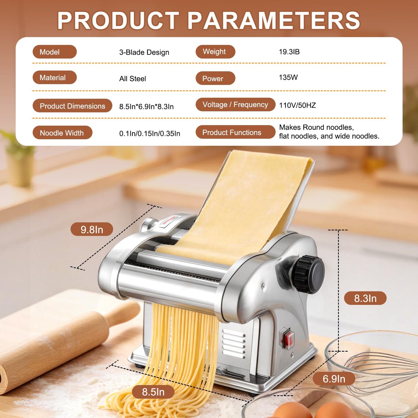 Pasta Maker Machine, 3-in-1 Electric Noodle Maker with Adjustable Thickness, Pasta Roller Machine for Spaghetti, Fettuccine, Lasagna, Dumplings, Perfect for Home Use