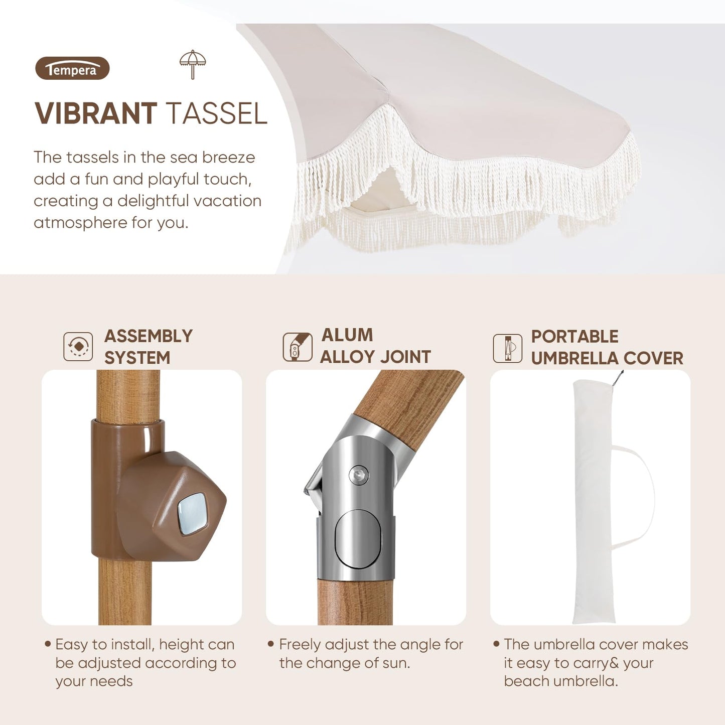 Tempera 7ft Outdoor Patio Umbrella with Carry Bag, Beach Umbrella with Fringe | Vintage Tassel Umbrella with Prime Steel Pole and Ribs Push Button Tilt, Ideal for Garden Lawn Poolside, UPF50+, Beige