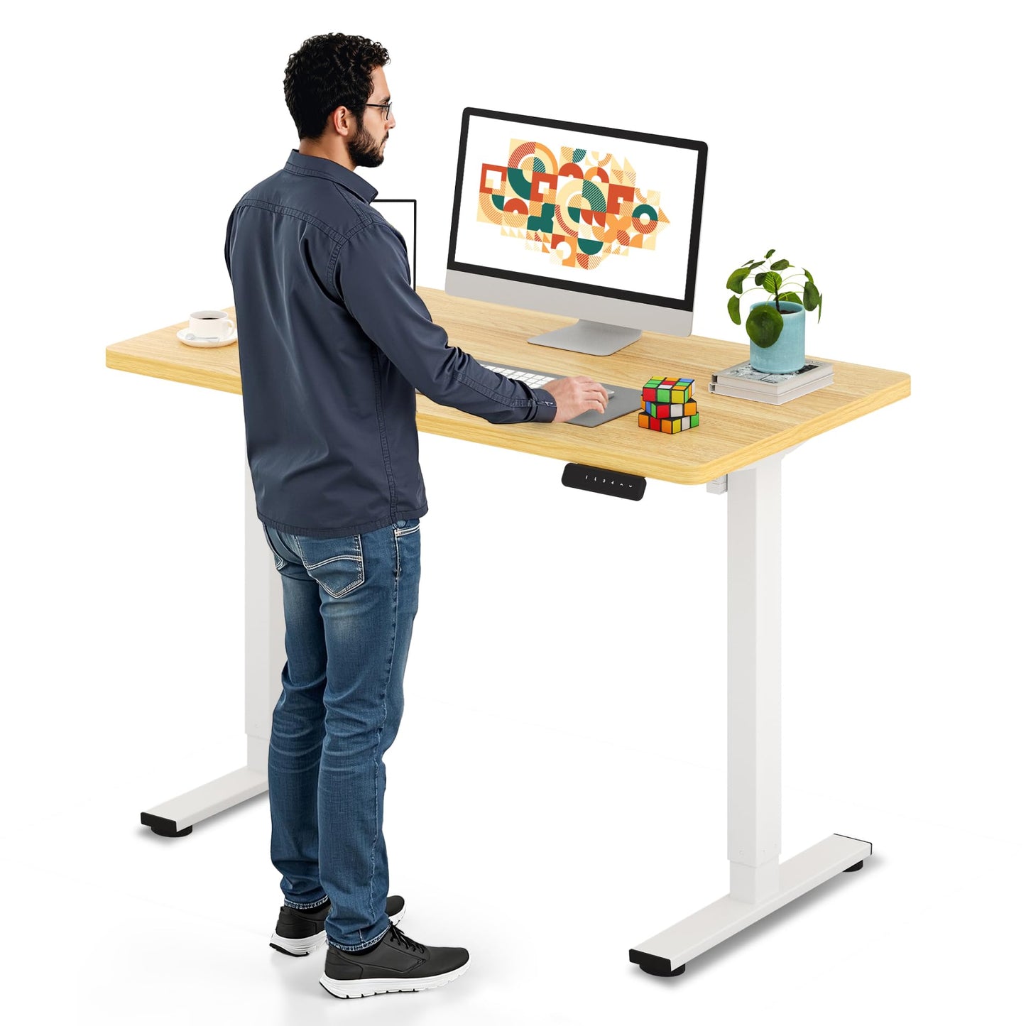 SANODESK Electric Standing Desk 48 x 24 Inches Whole-Piece Desktop Height Adjustable Stand Up Desk w/6-Button Controller Ergonomic Computer Desk for Home Office, White Frame + Natural Tabletop