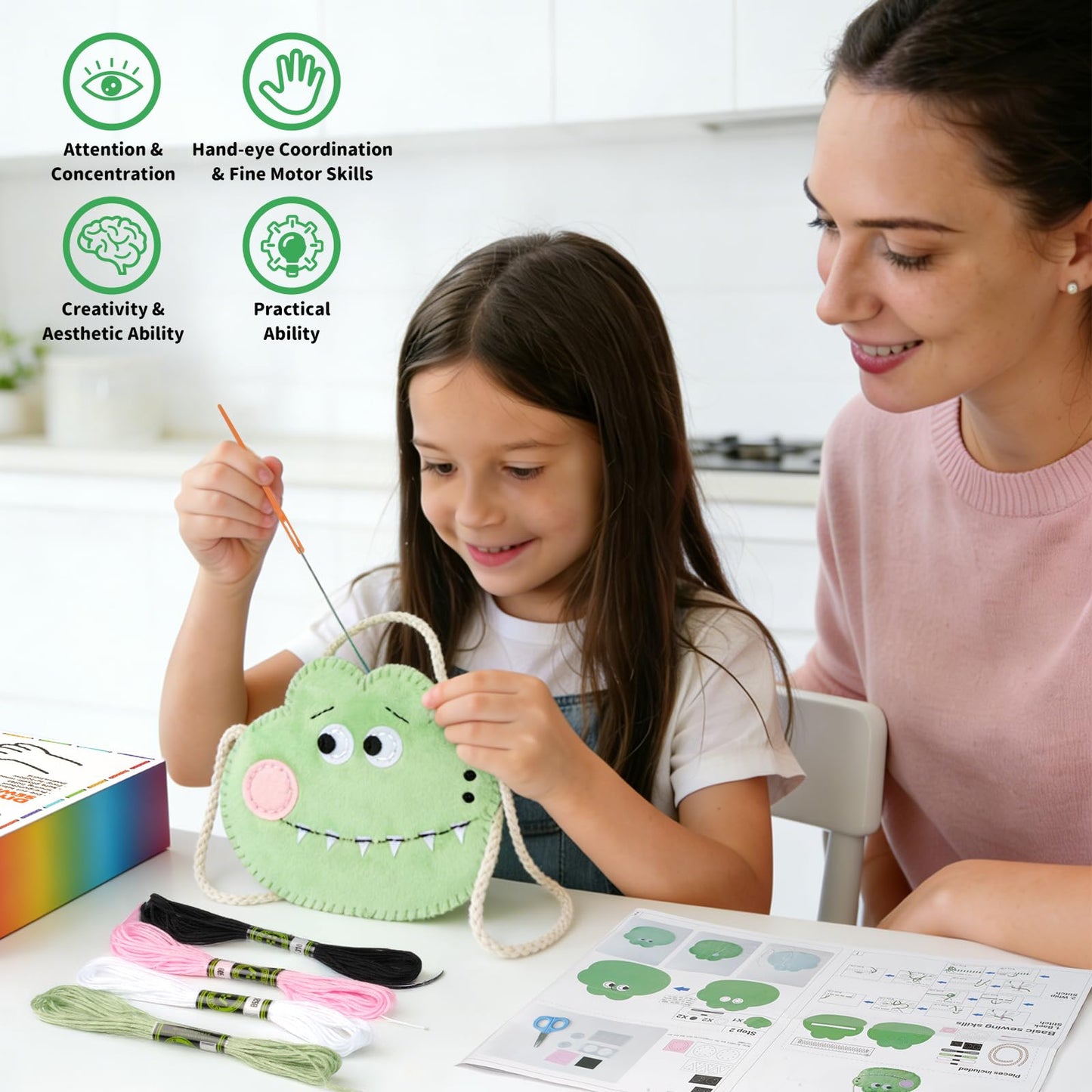 MIJIUWJ DIY Sewing Kit for Kids, Super Soft Plush Fabric Crocodile Crossbody Bag Embroidery Starter Kit for Beginners Arts and Crafts for Kids Ages 8-12, Learn to Sew Felt Birthday Gifts for Girls 6-8