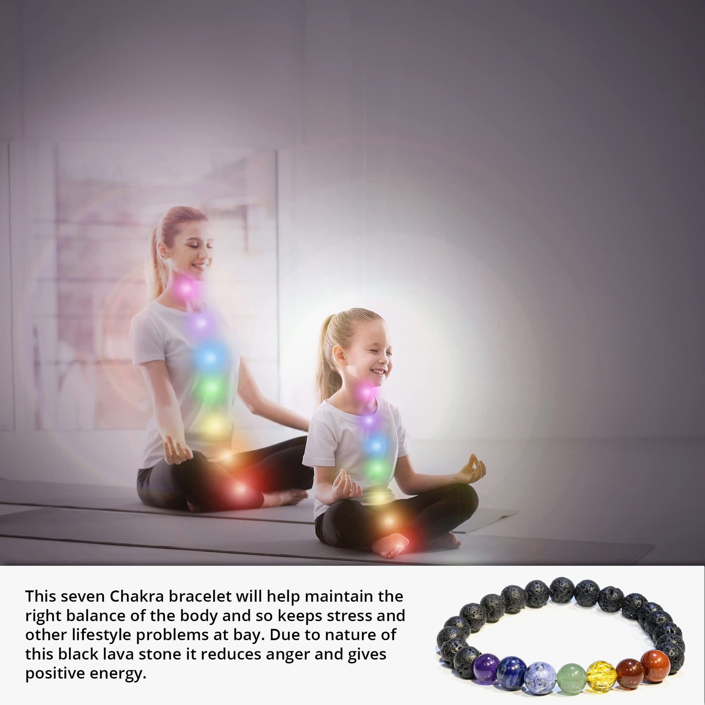 ANAYA AGATE Lava Rock 7 Chakra Bracelet, Natural Healing Crystal Bracelet for Women and Men, 8mm Round Beaded Bracelet for Spiritual , Protection, Positive Energy, Elastic Adjustable Size Gemstone Bead Bracelet