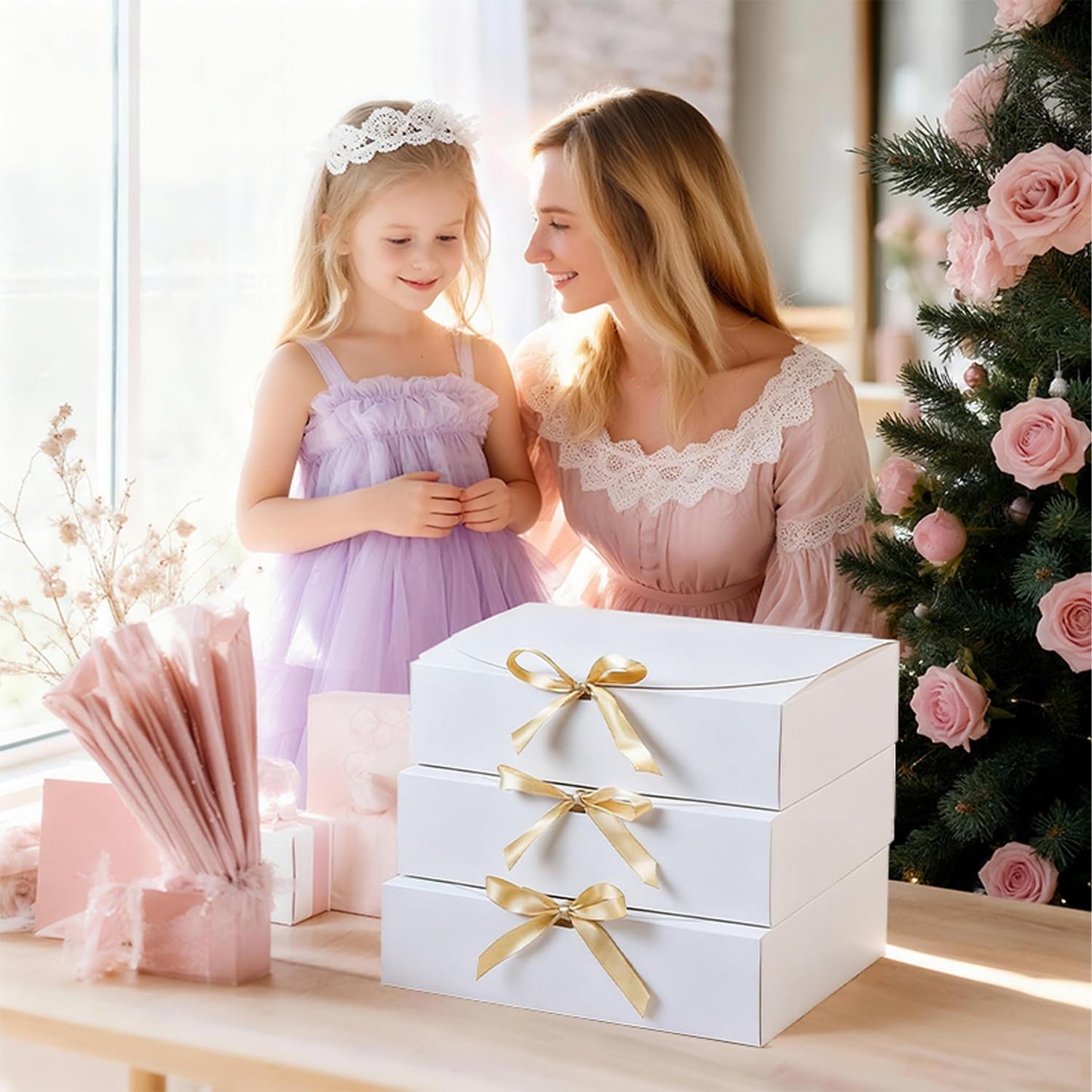 15 PCS Gift Boxes with Lids, 10.6x7.8x3.1 Inch Gift Boxes, Groomsmen Proposal Box, Luxury Gift Box with Ribbon for Bridesmaid Box, Kraft Paper Boxes for Wedding, Packaging, Present, Birthday, Christmas, Party,Contains 15sets Envelopes and Thank You Cards