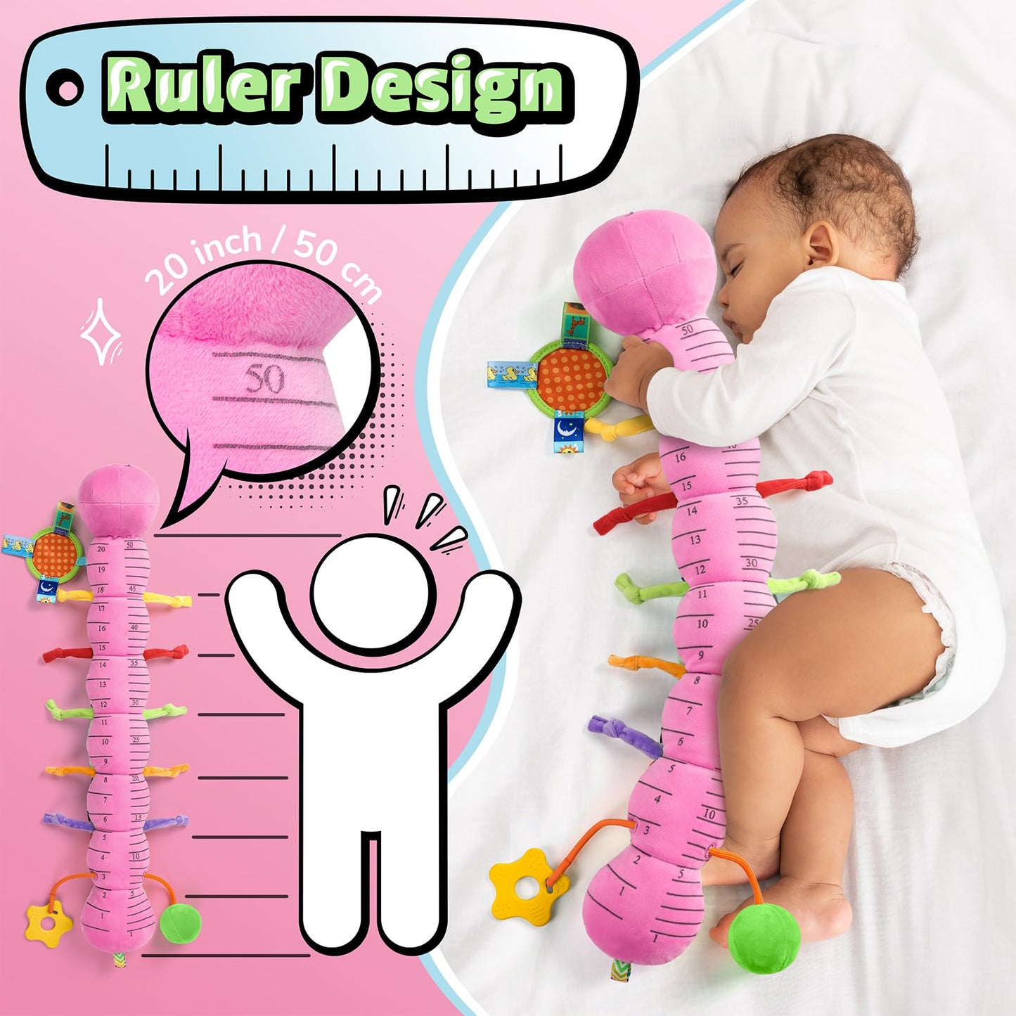 LIGHTDESIRE Baby Toys Musical Caterpillar,Infant Toys 3 6 12 Months Sensory Toy with Ruler Design,Mirror,Pull String,Crinkle&Ring Bell,Baby Teething Toy for Tummy Time Boy Girl Gifts (Rose Pink)
