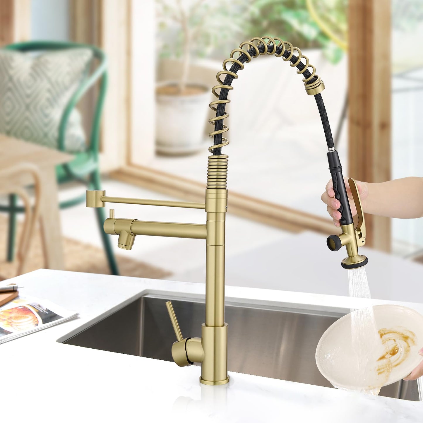 Brushed Gold Kitchen Faucet with Pull Down Sprayer, Commercial Brass Kitchen Faucet Single Handle Spring Faucets for Kitchen Sink Fapully