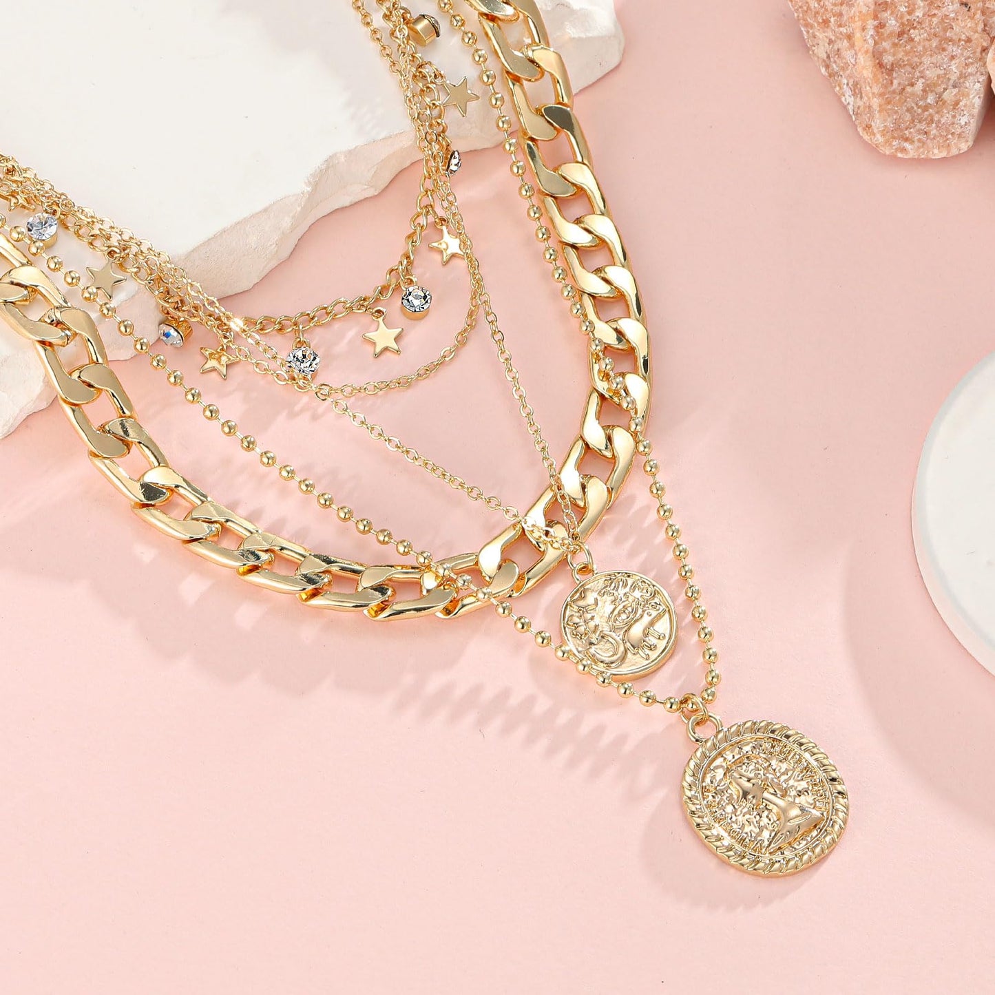 MJartoria Gold Layered Necklaces for Women Trendy Retro Coin Pendant Necklace Dainty Chunky Chain Choker Necklaces for Jewelry Birthday Gifts (Gold, D-Star+Coin-4PCS)