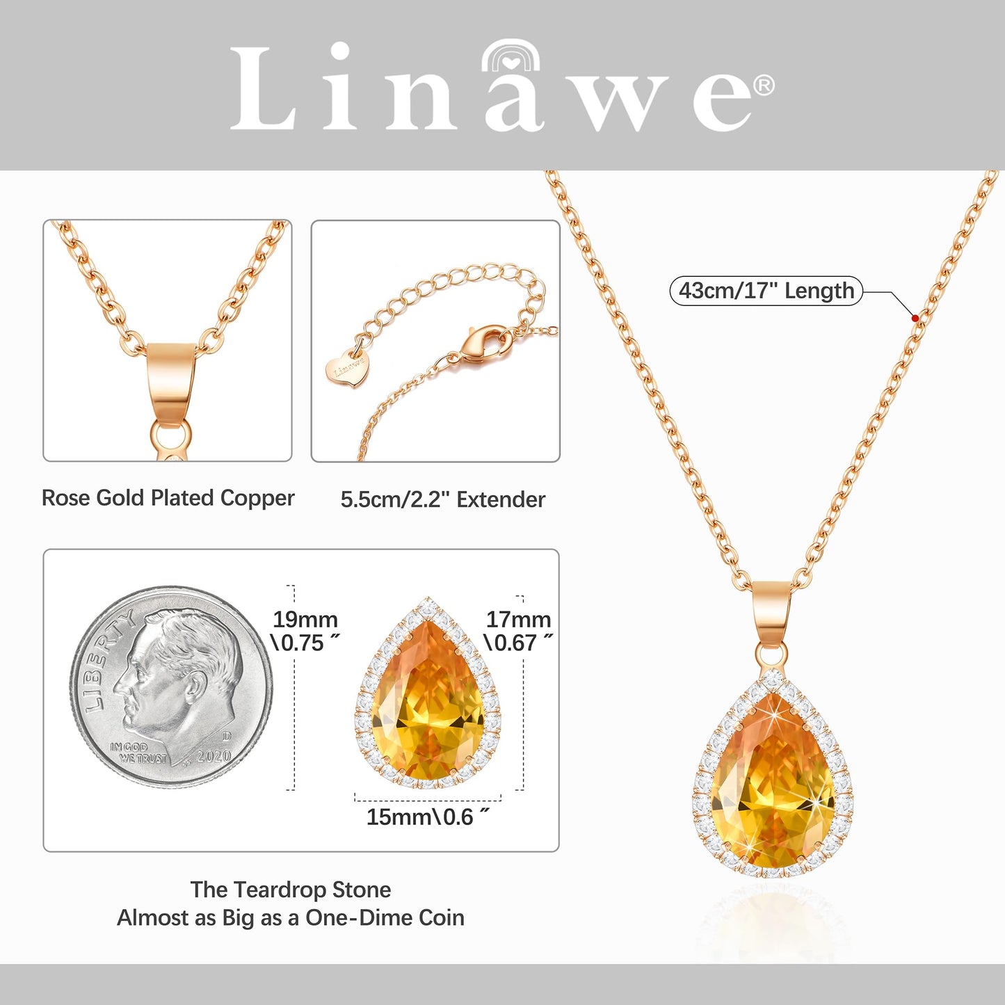 Linawe Citrine Crystal Chain Necklace for Women, Imitation Diamond Pendant Rose Gold Preppy Necklace, Yellow Cubic Zirconia Rhinestone Teardrop Boho Vintage Jewelry Set