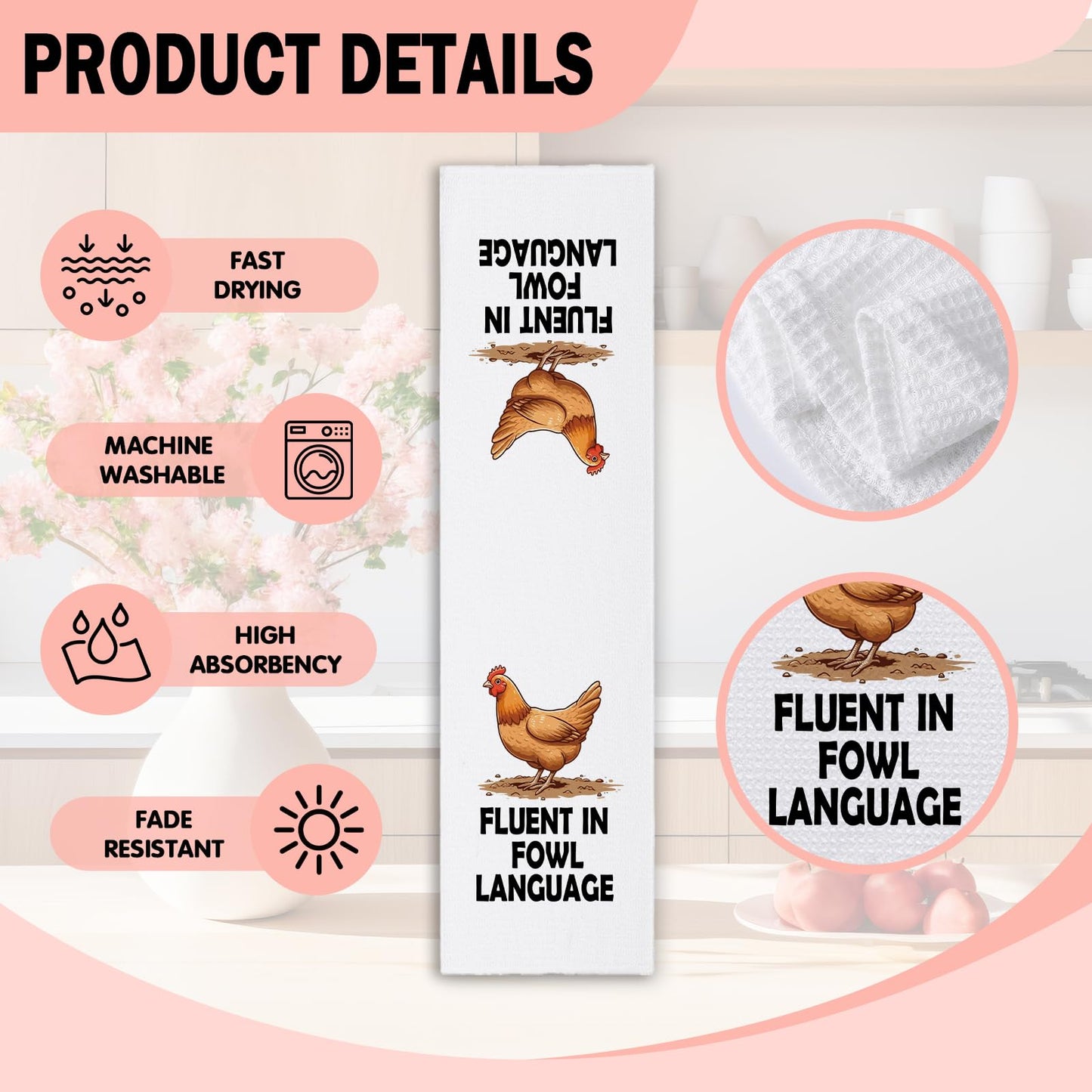 NAHMAKNE Funny Chicken Kitchen Towels, Fluent in Fowl Language, Humorous Saying Dish Towels for Farmhouse Decor, Chicken Lover Gifts, Birthday for Farm Women Mom Wife Sister Friend