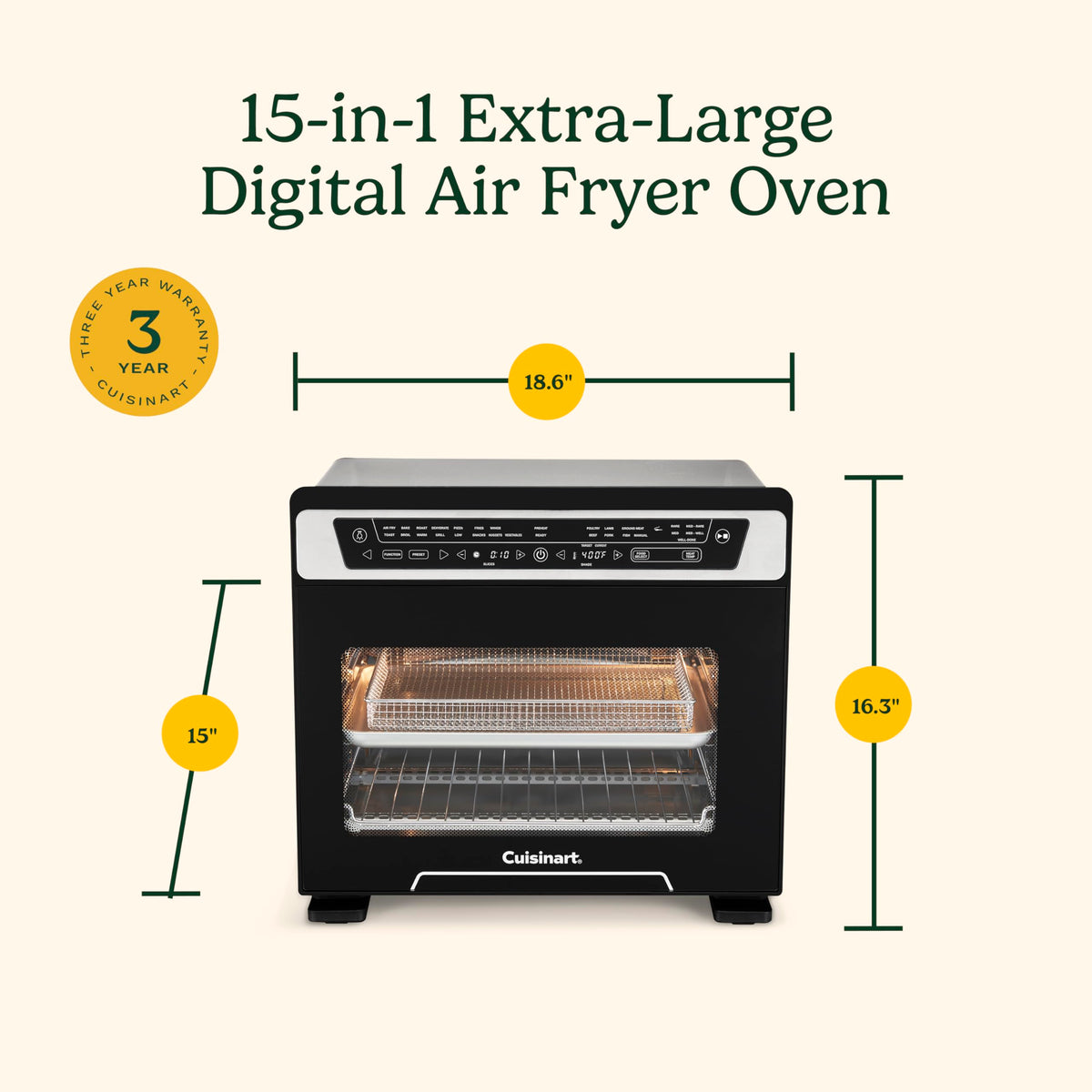 Cuisinart 15-in-1 Extra-Large Digital Air Fryer Oven with 9"x13" 2-in-1 Pan, Air Fry 4 Lbs of Wings, Cook a 13 Lb Turkey or 5+ Lb Chicken, Toast 9 Slices of Bread, and Bake a 13" Pizza, TOA-112