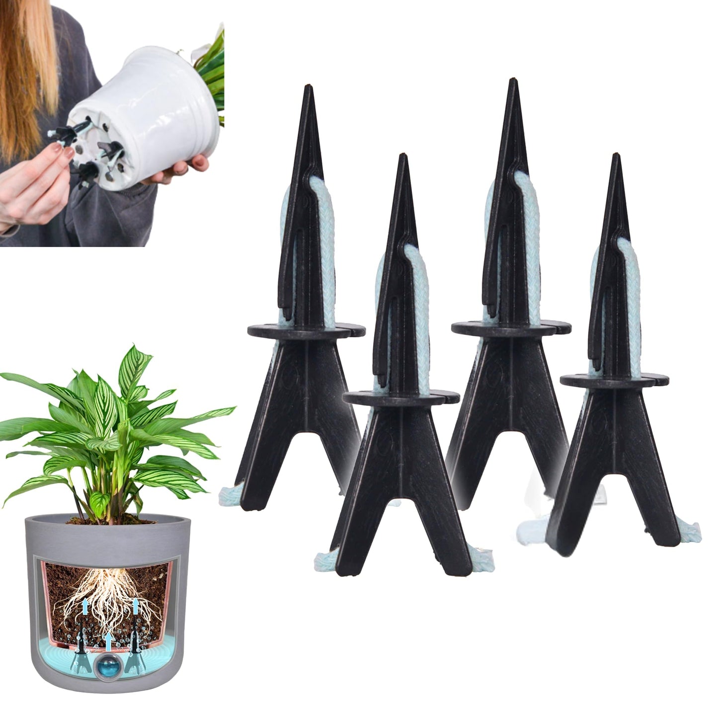 GreenShip 4 Pack Self Watering Planter Insert, Wick Spikes for Plants, Patented Plant Wicks for Self Watering, Plant Stakes for Indoor Outdoor Plants,Vacation Use (Small for Height 4.7"-12" Planter)