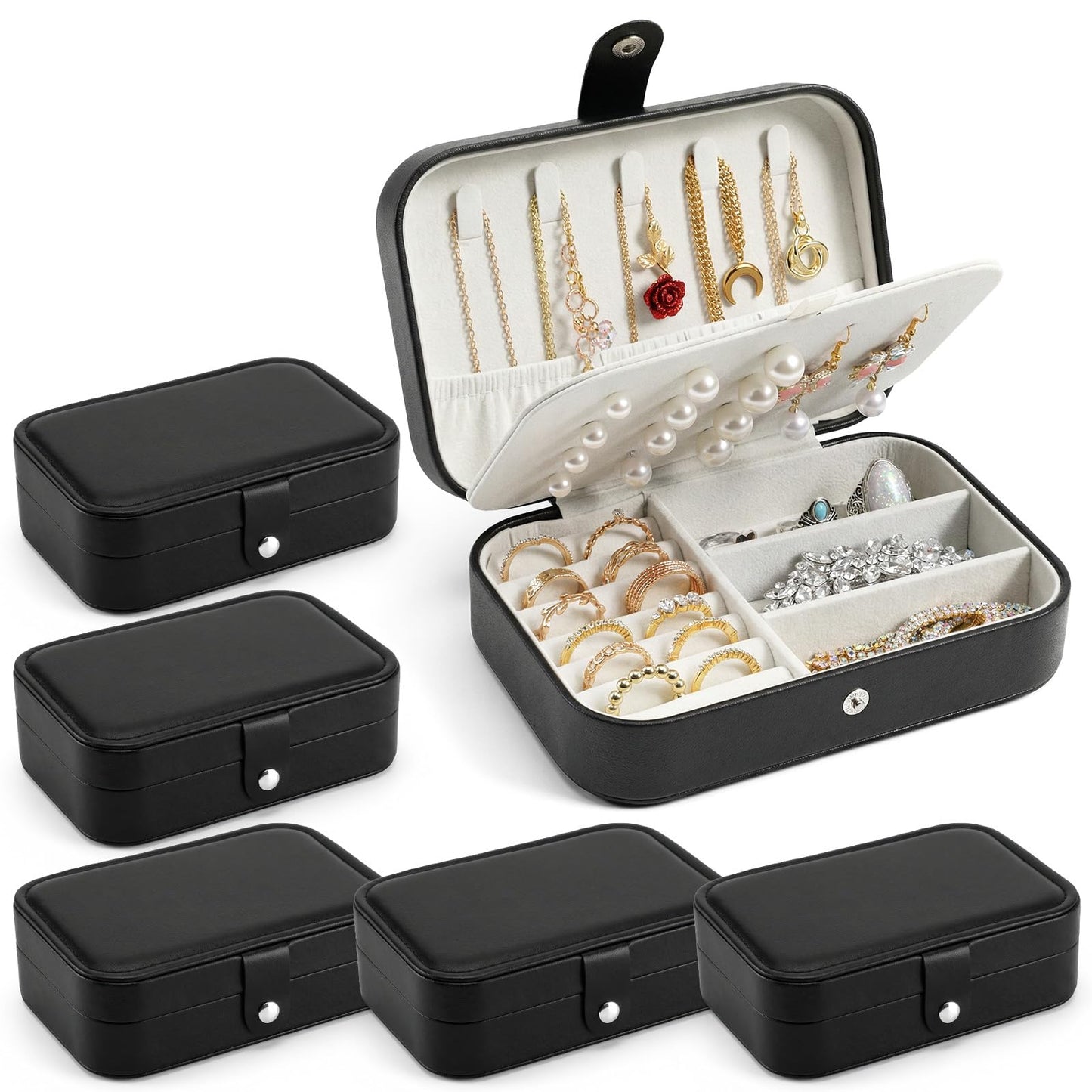 Lemecima Travel Jewelry Box, 6PCS Stud Earrings Organizer Case, Double Layer PU Leather Mini Jewelry Storage Display Holder for Rings Necklaces Bracelets, Portable Gift for Women Girls