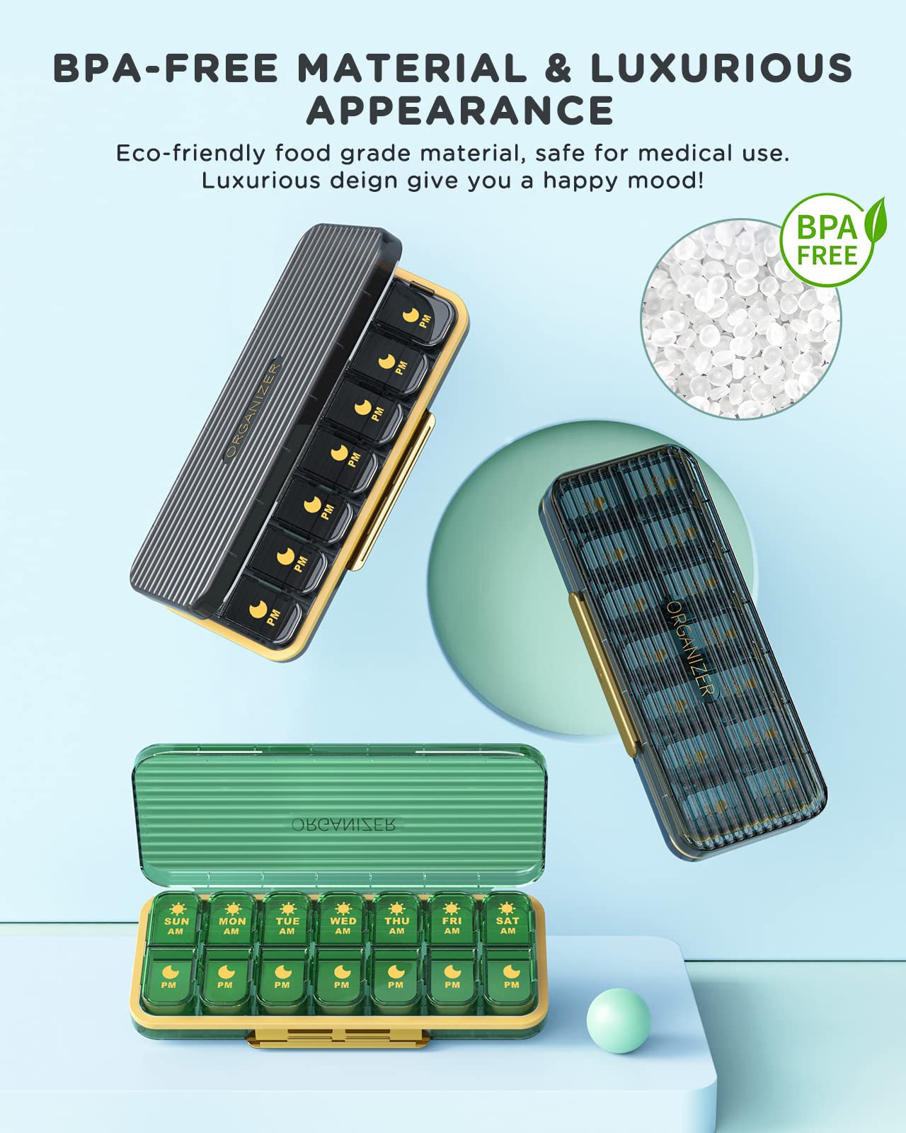 Am Pm Pill Organizer, Weekly Pill Box 2 Times A Day - Acedada 7 Day Pill Organizer with 7 Separate Containers, Portable Daily Medicine Dispenser Case for Vitamin, Fish Oils, Supplements, Stylish Blue