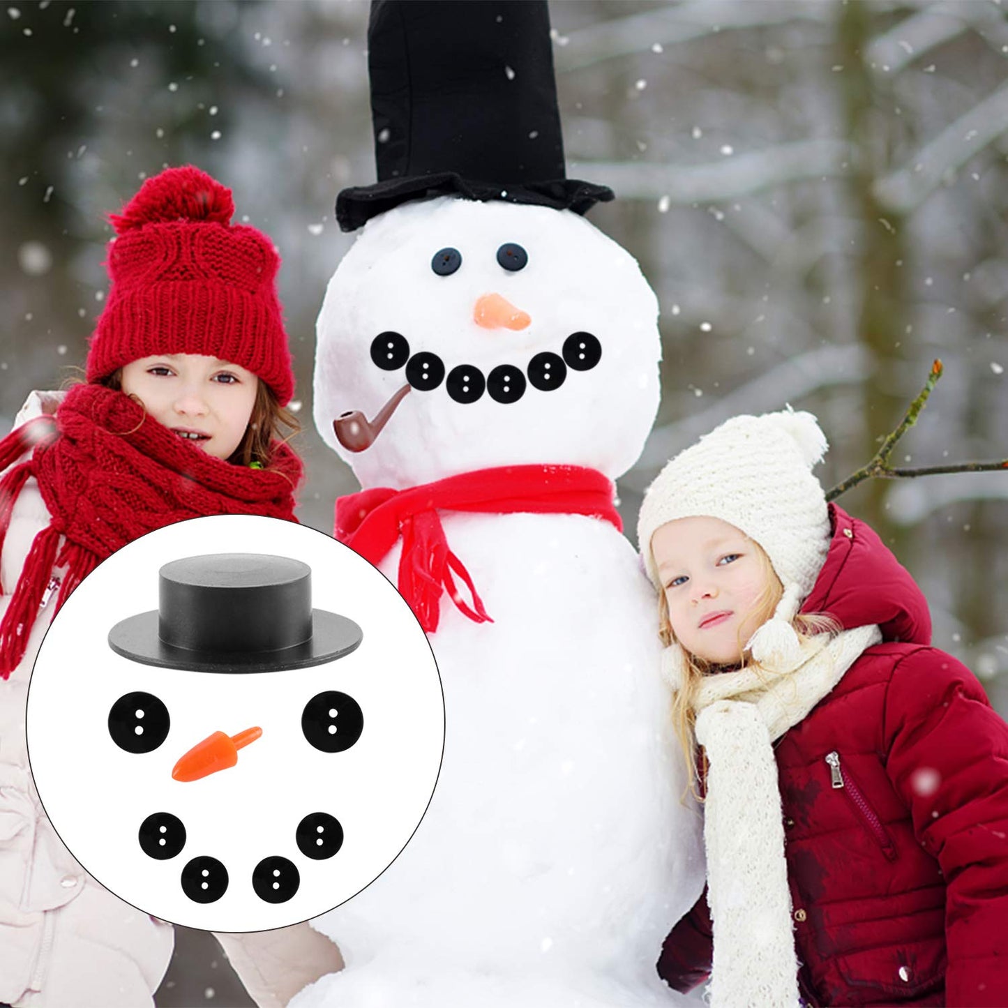 800pcs Christmas Snowman DIY Craft Kit Including 80 Mini Black Top Hats, 80 Carrot Snowman Noses, 160 Snowman Hands, 480 Tiny Black Buttons for Christmas DIY Snowman Crafting, Sewing, Party Supplies