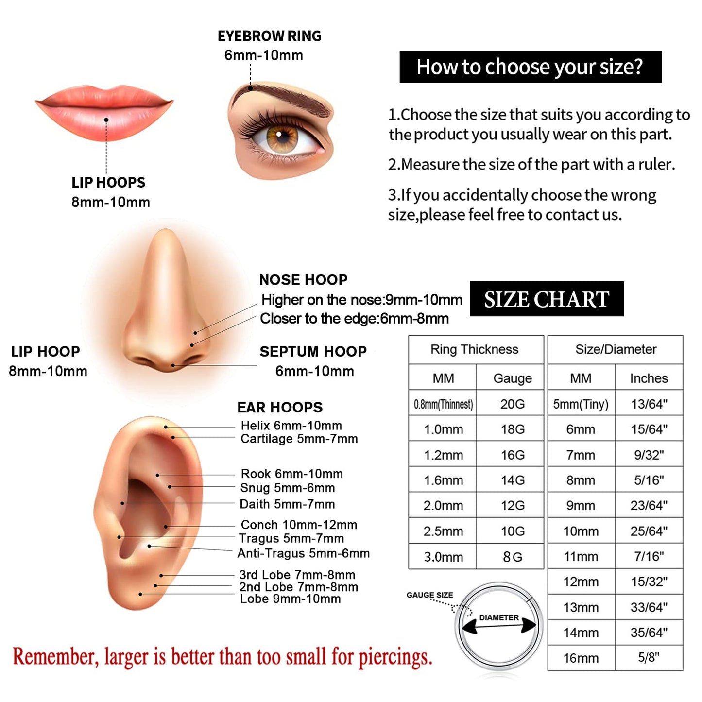 GAGABODY Nose Hoop Surgical Steel Seamless Septum Clicker Septum Ring 8mm Septum Jewelry Gold Nose Rings 18 Gauge Nose Ring Hoop 18g Cartilage Earring Lip Rings Helix Earrings Nose Piercing Jewelry
