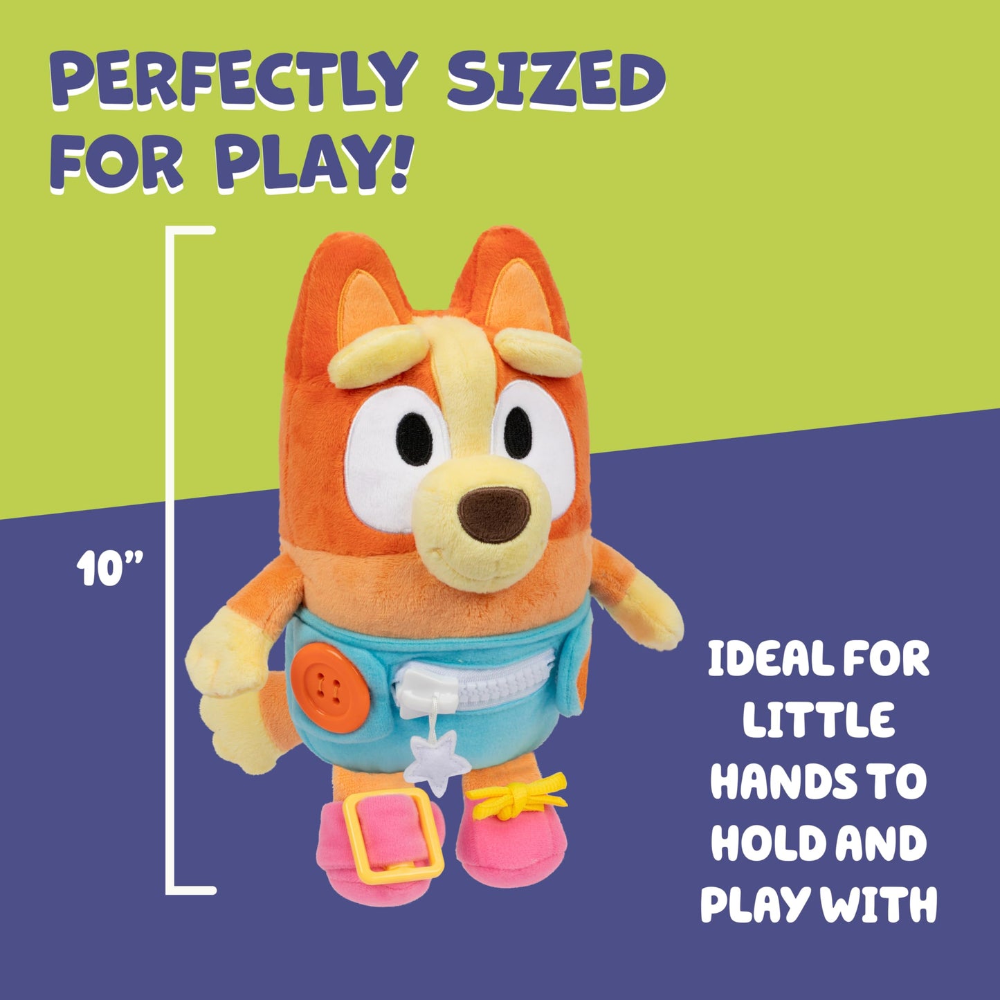 Dress & Play Baby Bingo Bluey Plush, Button, Zip, Buckle and Tie, Learn to Dress Dolls for Toddlers Ages 3+, Fine Motor Skills Baby Zipper Toy