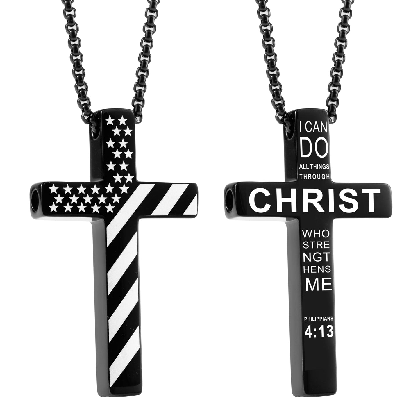 FUNPAR American Flag Cross Breathing Necklace, Stainless Steel Patriotic Jewelry, Inspirational Bible Verse Cross Necklace, Anxiety Relief Items for Men Christian Gift(Black 4:13)