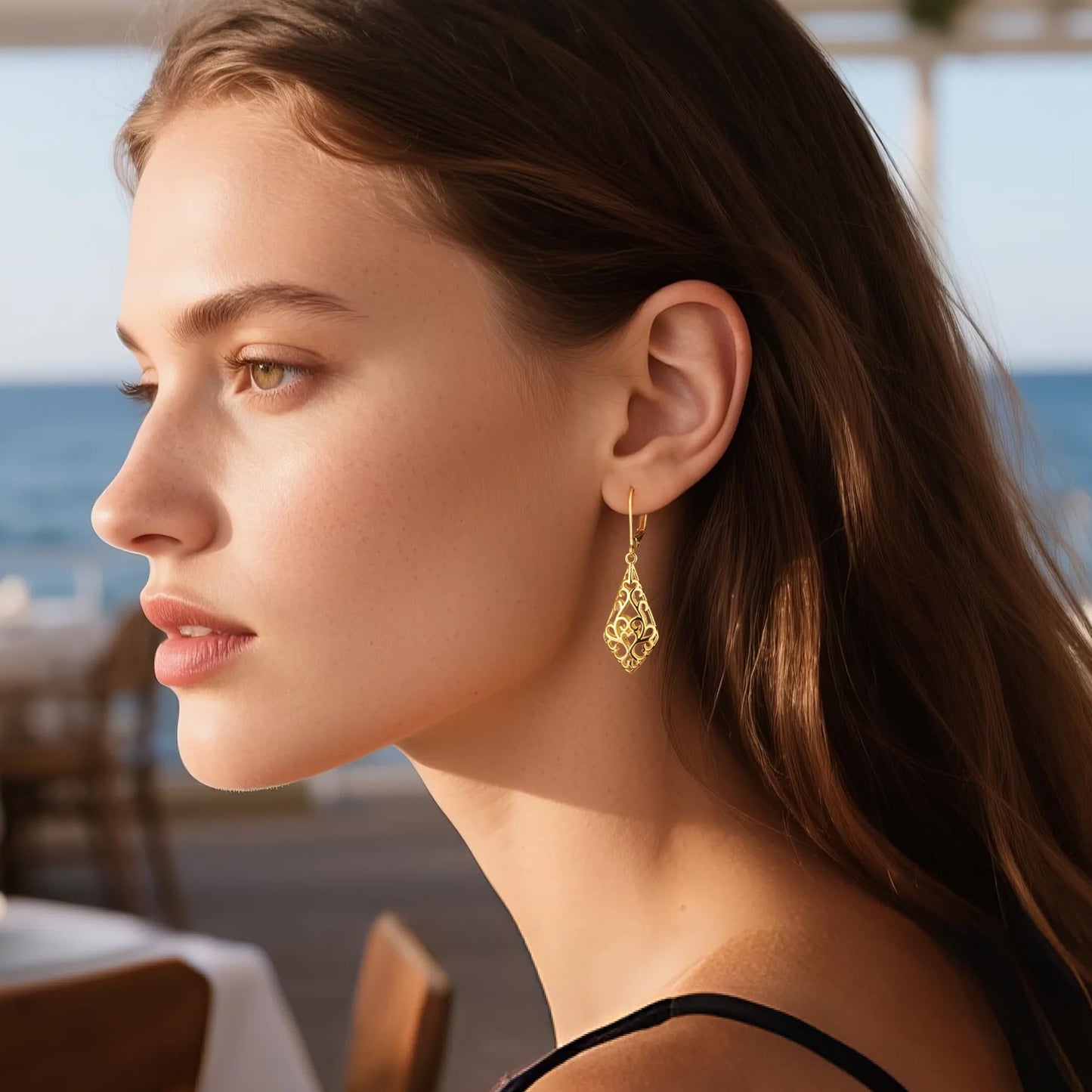 14K Gold Dangle Earrings for Women, Geometric Filigree Dangling Leverback Earrings, Gold Hypoallergenic Lightweight Dangly Drop Earings for Women Trendy Jewelry Gifts