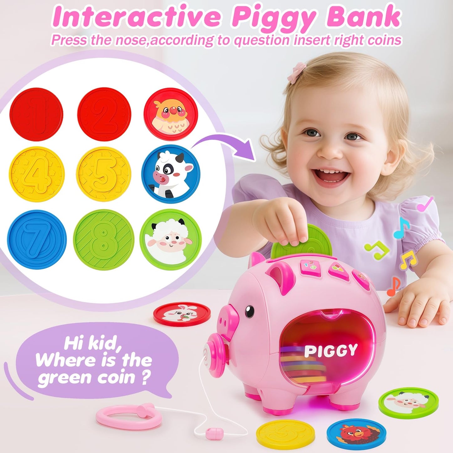Musical Piggy Toys for 1 Year Old Girl Gift, Piggy Bank with Educational Number, Color, Animal Coin for Baby Interactive Toy 6-12-18 Month, Christmas 1st Birthday for 7 8 9 10 Month Old Girl Boy