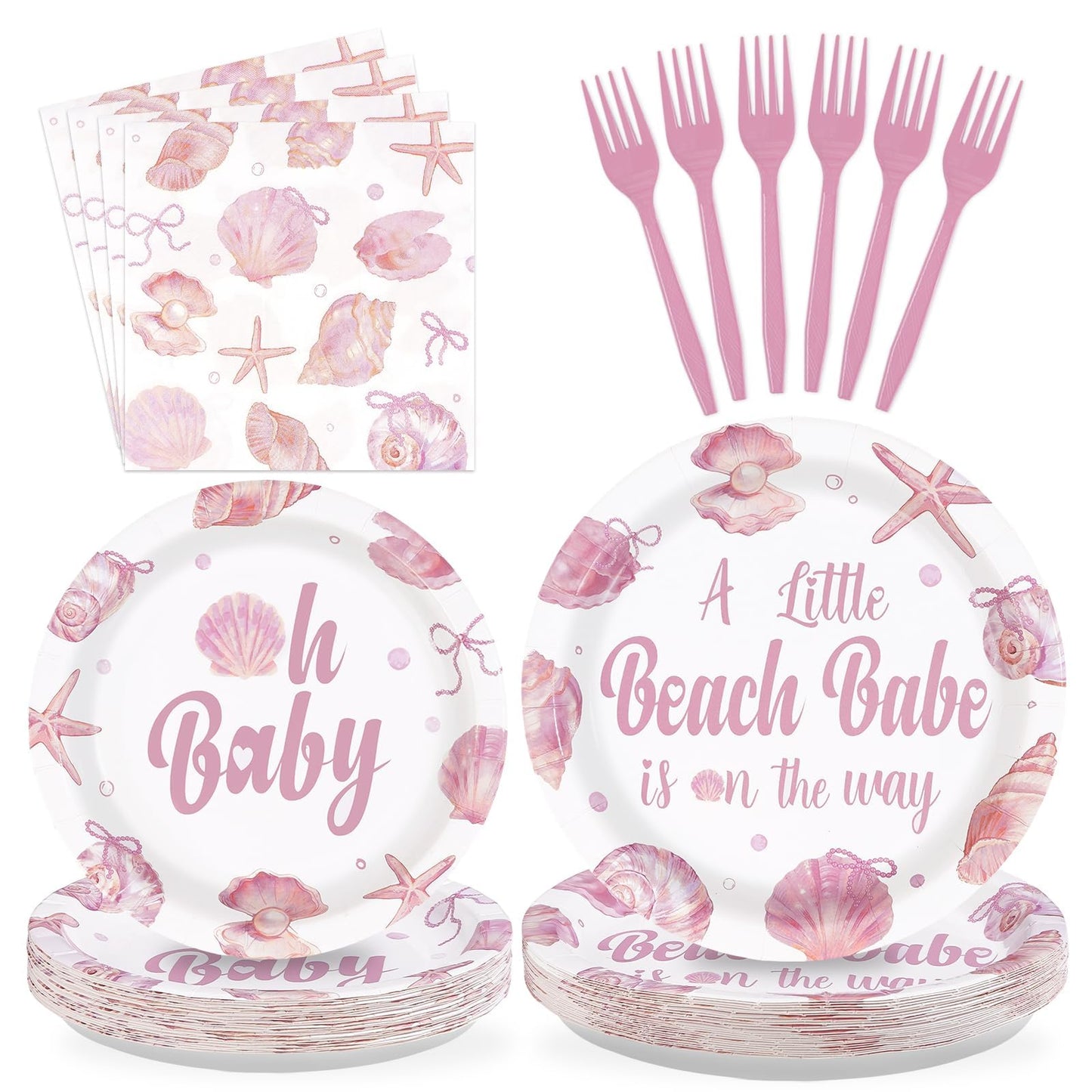 Greencian 96Pcs Under The Sea Party Supplies A Little Beach Babe Is On The Way Plates and Napkins Starfish Seashell Tableware Set for Girls Kids Under the Sea Baby Shower Party Decorations Serves 24