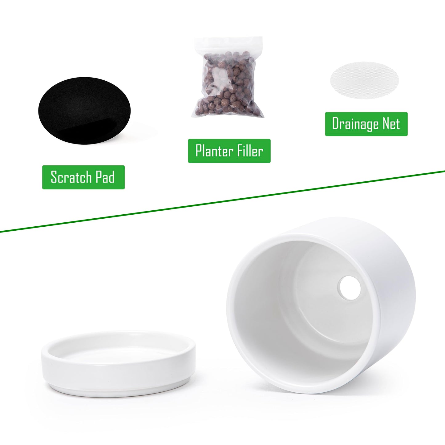 D'vine Dev Set of 3 Plants Pots, 3.5 Inch Ceramic Planter Pot for Plants with Drainage Hole and Saucer, White, 94-N-A-1