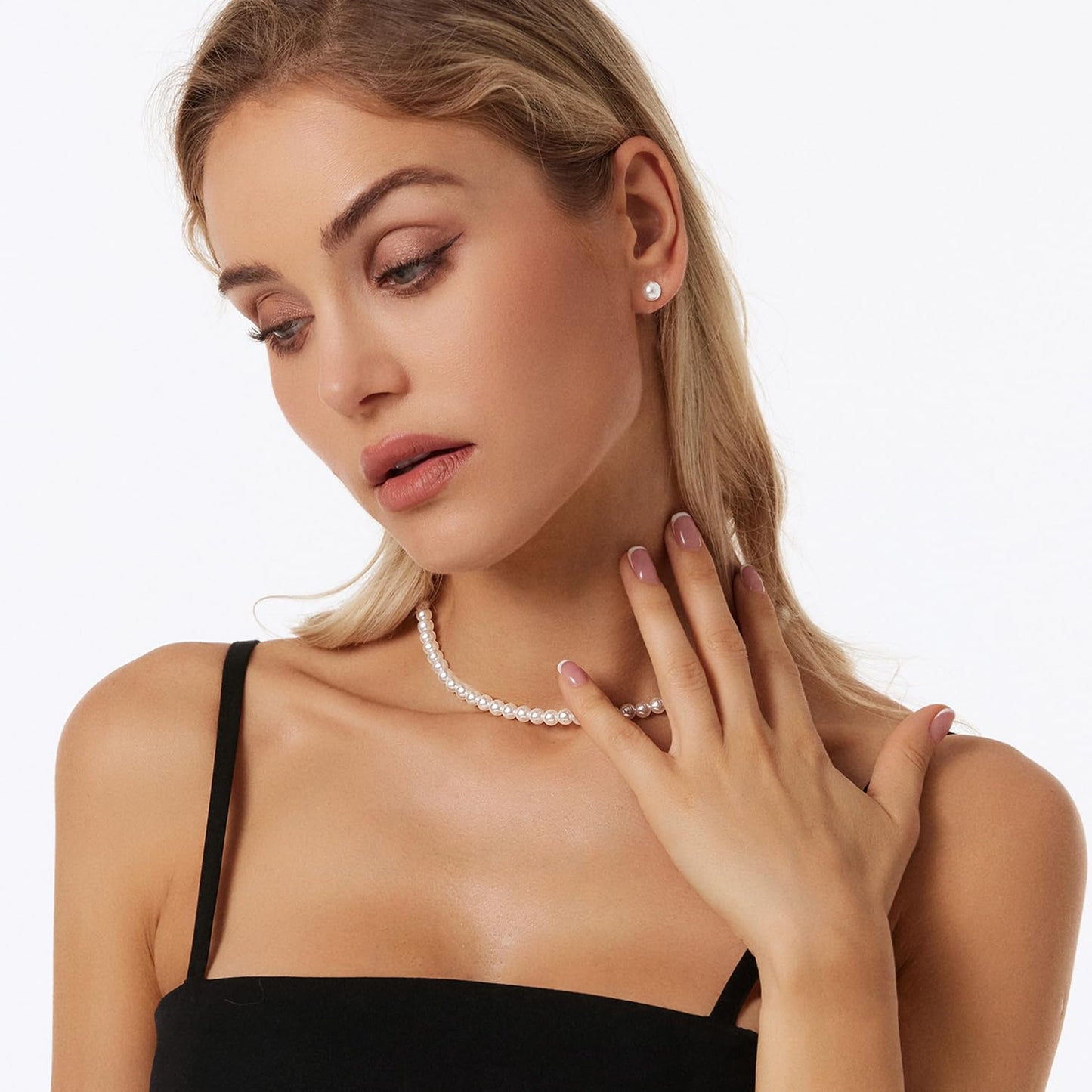 Zeffy Pearl Necklace and Earring Set for Women, White Round Faux Pearl Necklace Earring Set of 2, Jewelry for Brides