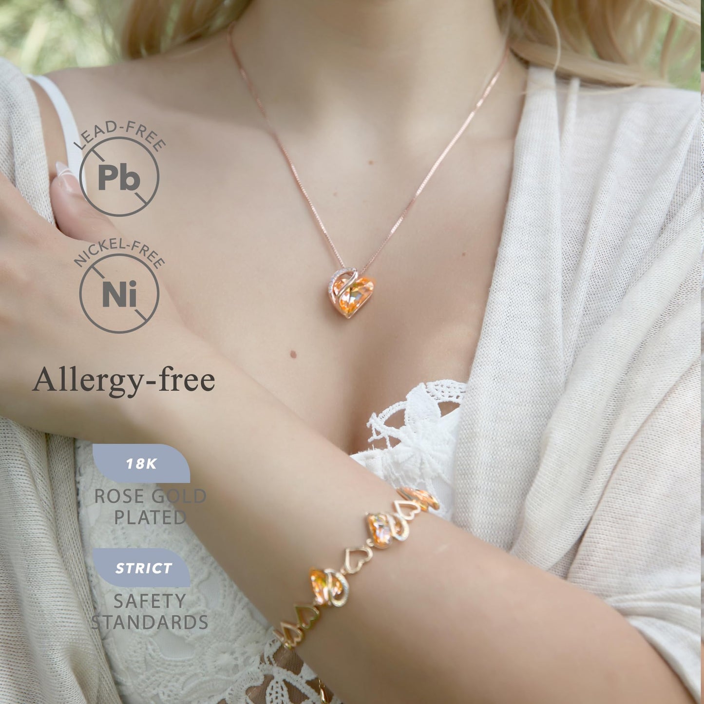 Leafael Gifts for Women Rose Gold Plated Necklaces: Heart Shaped Orange Healing Crystals, Cubic Zirconia, Hypoallergenic Chain (18"+2"), Jewelry for Anniversaries and Birthdays