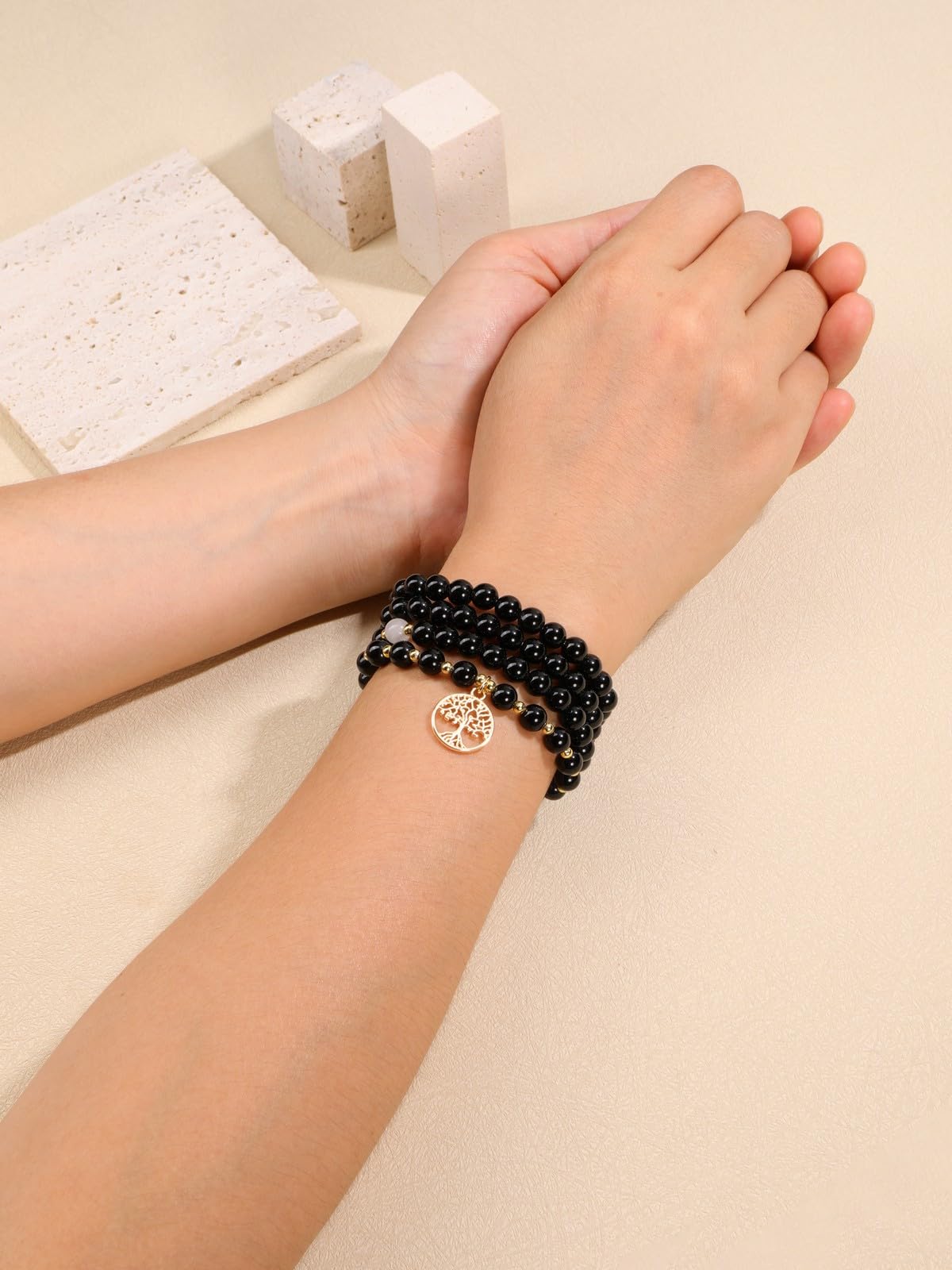 Jovivi 108 Mala Beads Bracelet Necklace, Natural Black Obsidian Healing Crystal Stones Prayer Beads Yoga Meditation Gemstone Necklace Gold Copper Tree Life Pendant