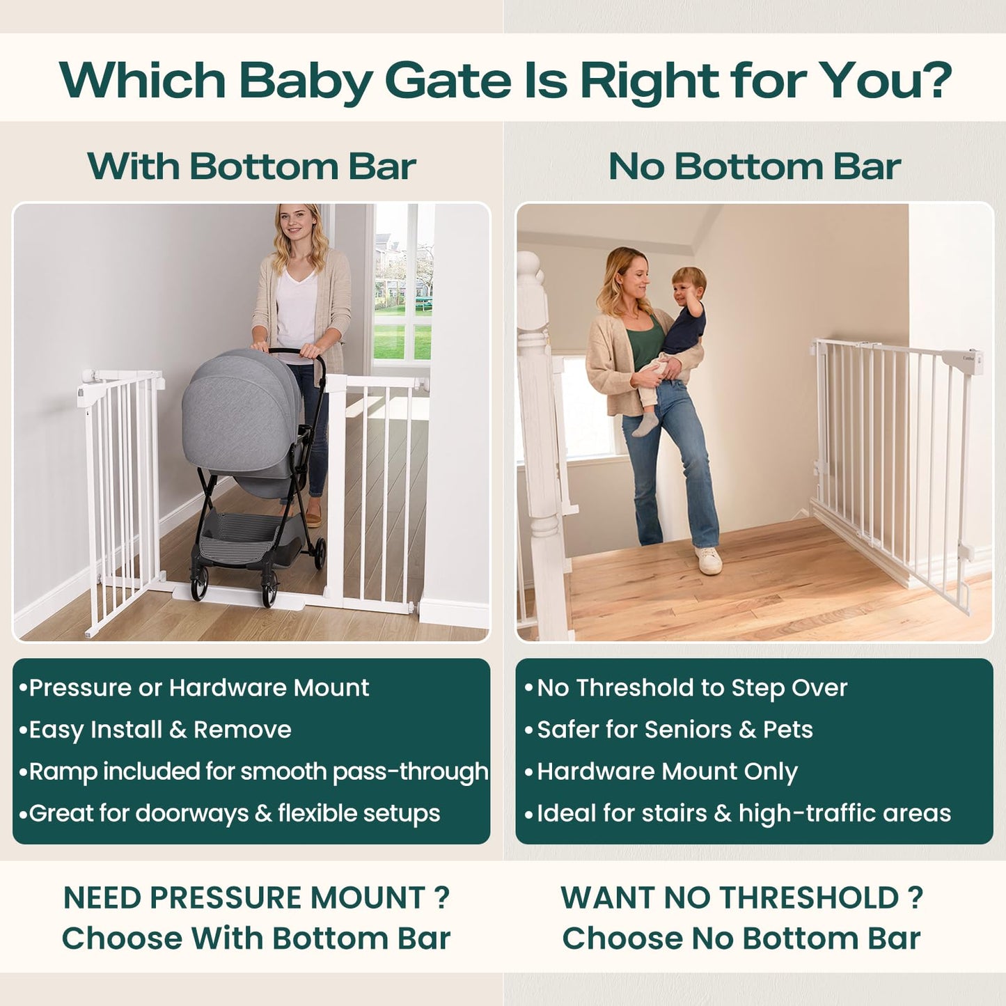 Cumbor 29.7-46" Baby Gate for Stairs, Toddler Safety Essentials for The House, Auto Close Dog Gate for Doorways, Mom's Choice Awards Winner-Easy Install Pressure Mounted Pet Gates for Dogs, White