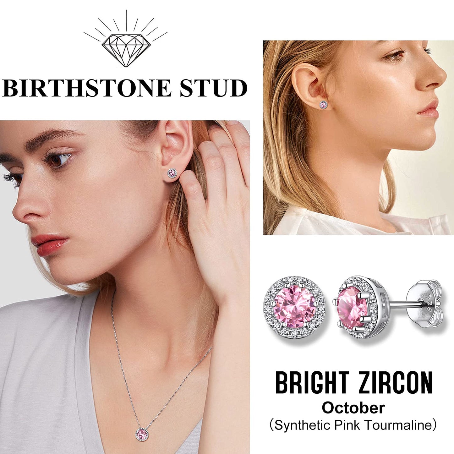 Bestyle Infinity Love Round Stud Earrings with October Pink Tourmaline Birthstone Crystal, Brilliant Love Round Diamond Studs Statement Jewelry for Women