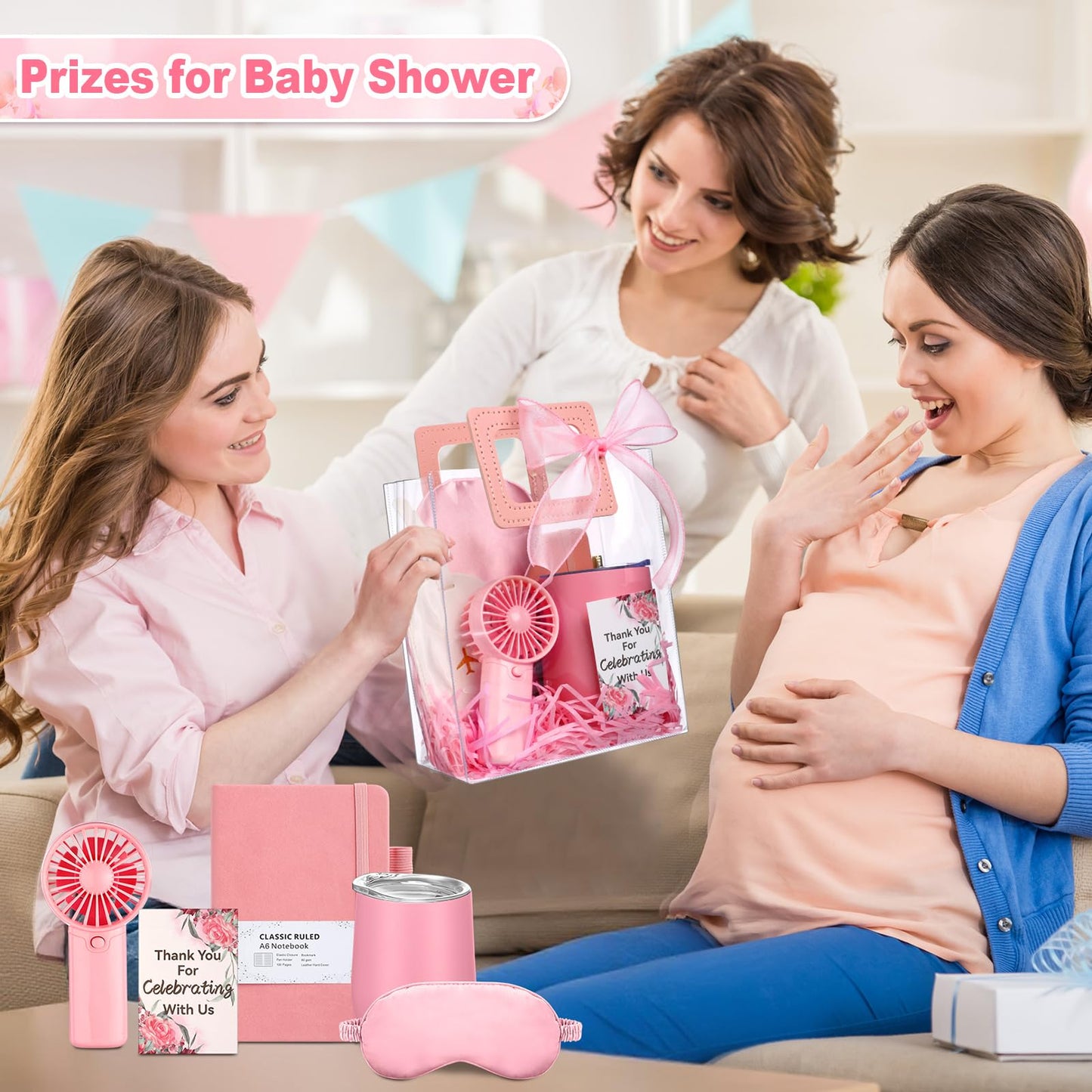 Talltalk 6 Sets Baby Shower Prizes for Game Wedding Bridal Shower Winners Gifts Guest Favors Luggage Tag Handheld Fan Cup Notebooks Silk Eye Mask Ballpoint Pen Card Bags(Pink)